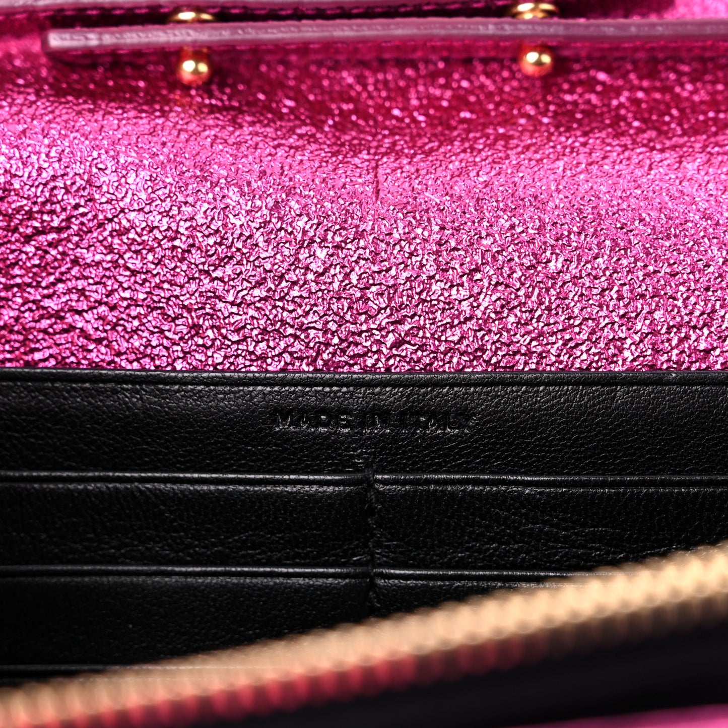 Metallic Crackled Calfskin Matelasse Chevron Monogram Chain Wallet Fuchsia