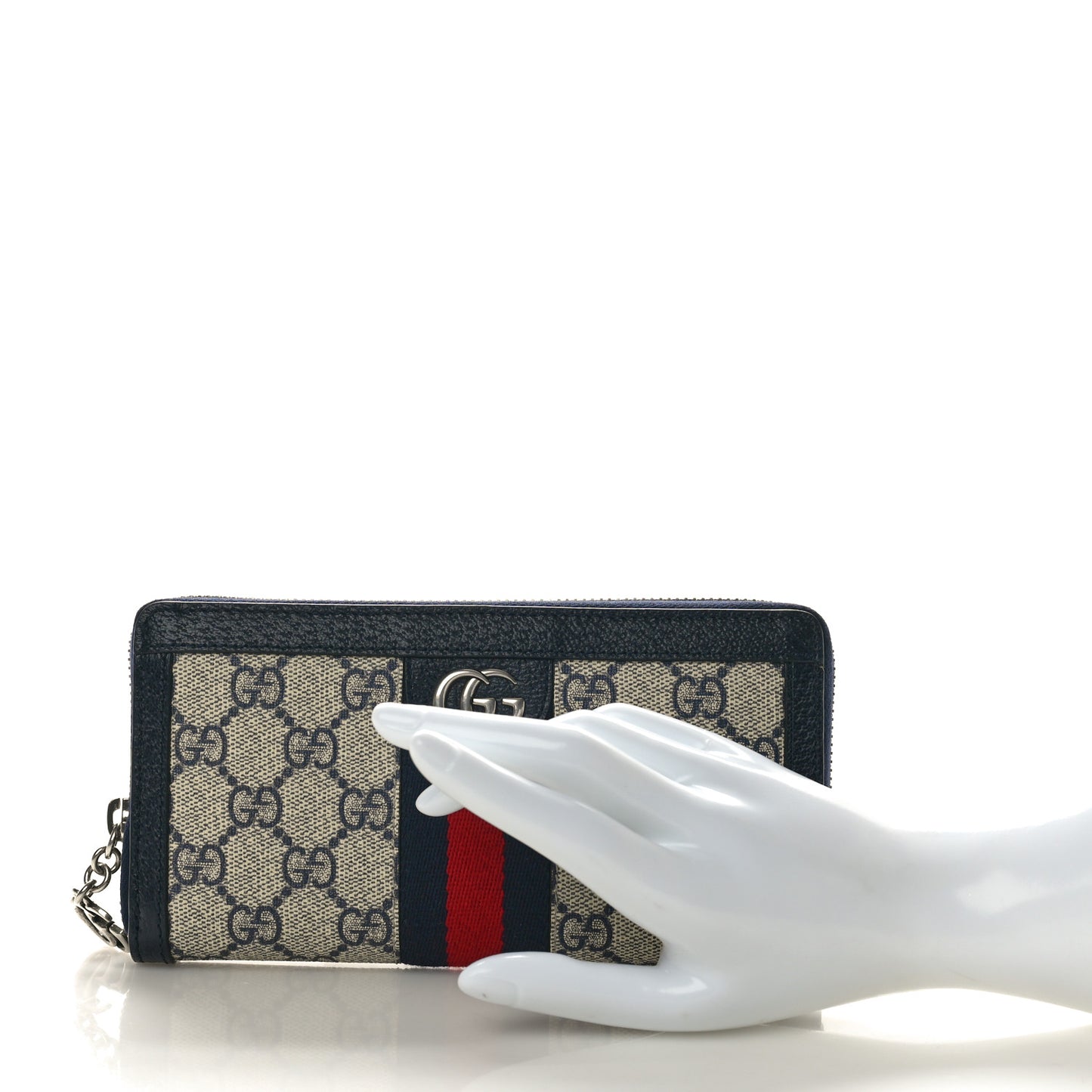 GG Supreme Monogram Textured Dollar Calfskin Web Ophidia Zip Around Wallet Beige Blue