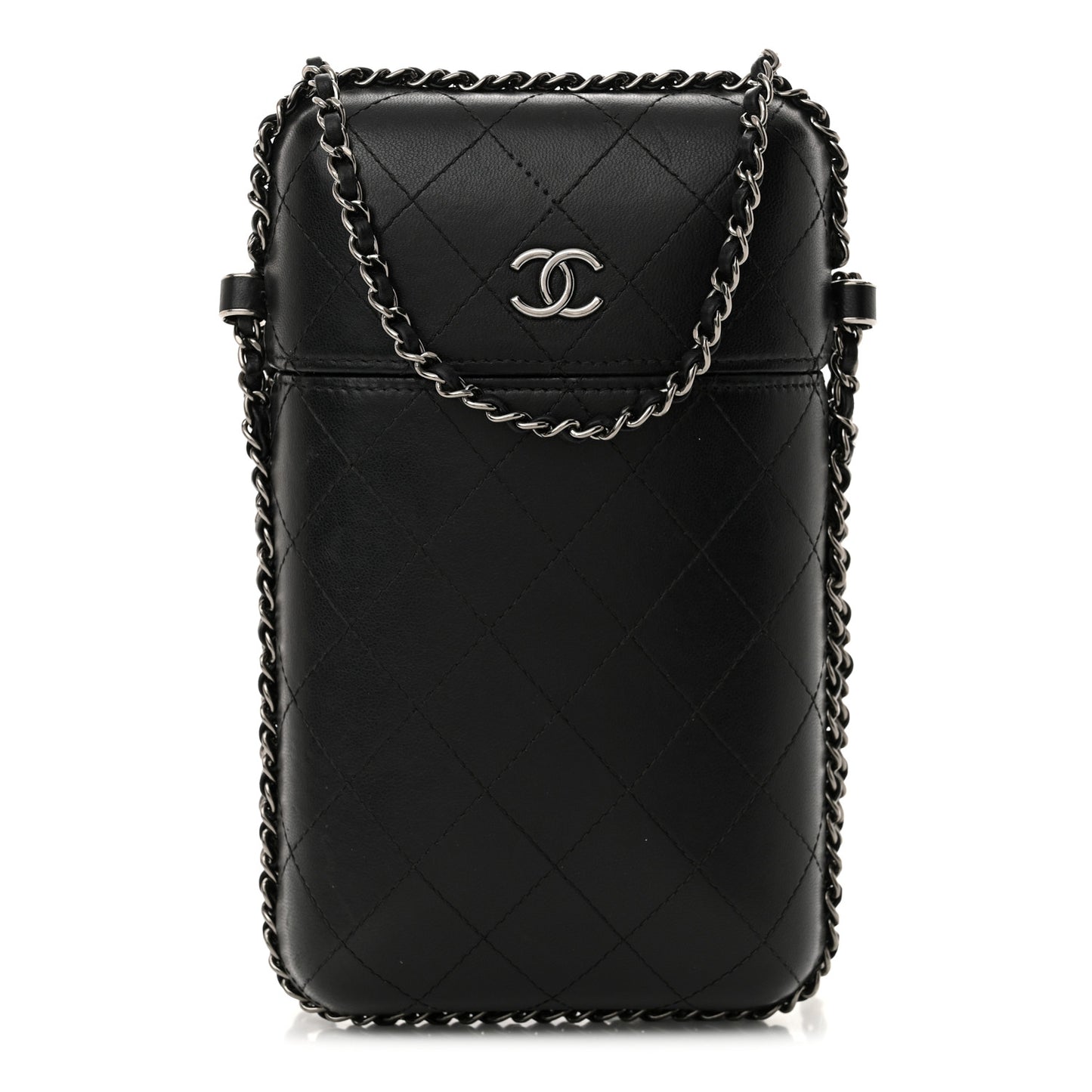 Lambskin Quilted Chain Around Phone Holder Black