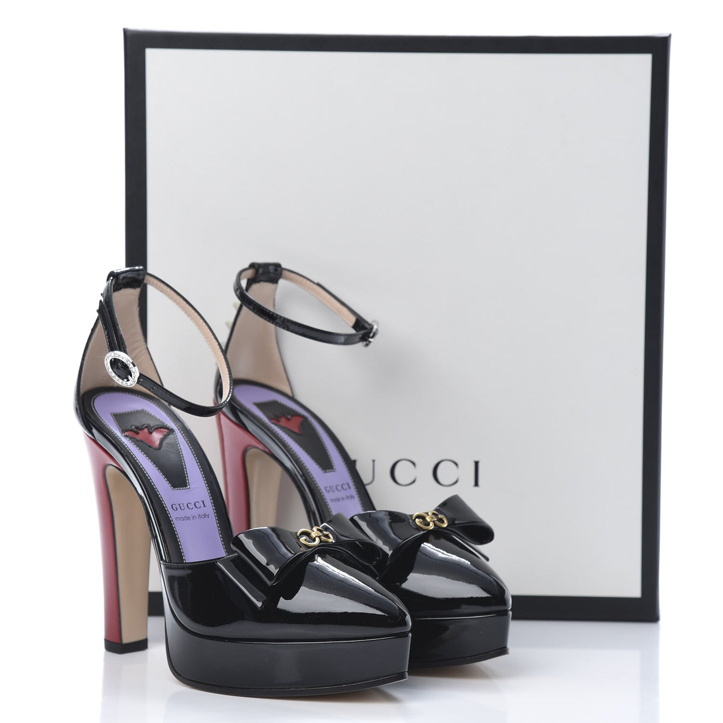 Patent Crystal GG Bow Sadie Spike Ankle Strap d'Orsay Platform High Heel Pumps 35.5 Black