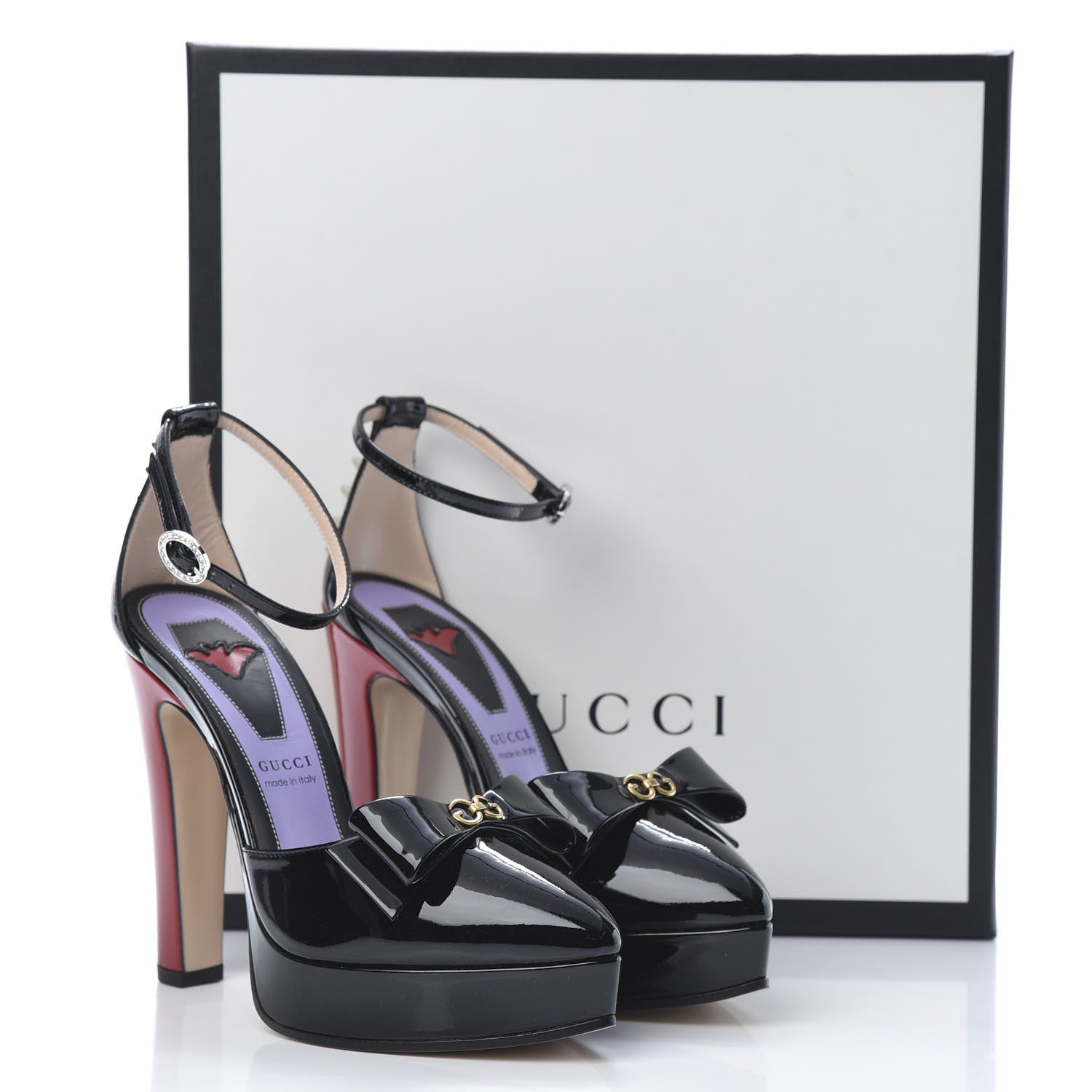 Gucci Patent Crystal GG Bow Sadie Spike Ankle Strap d'Orsay Platform High Heel Pumps 35.5 Black 9 of 9