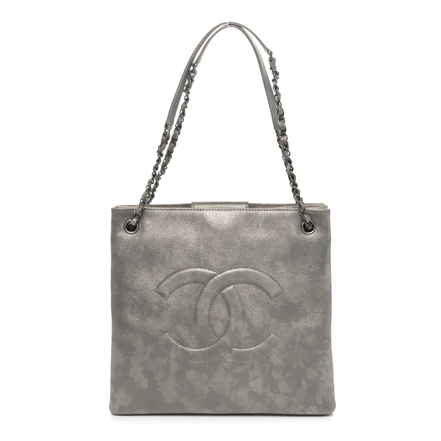 Iridescent Calfskin CC North South Large Shopping Tote Silver