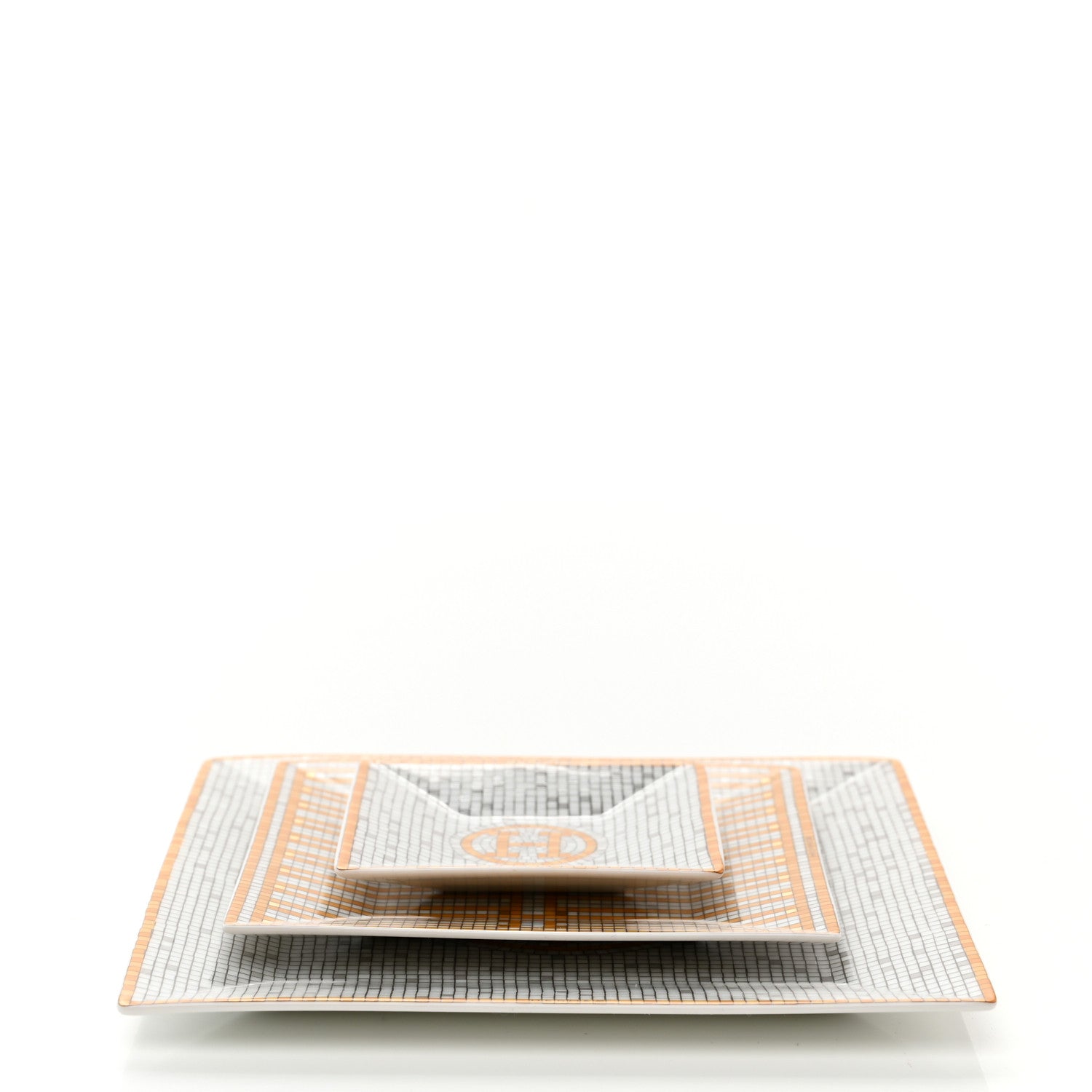 Hermes Porcelain Mosaique Au 24 Set of 3 Square Plates Gold 6 of 14