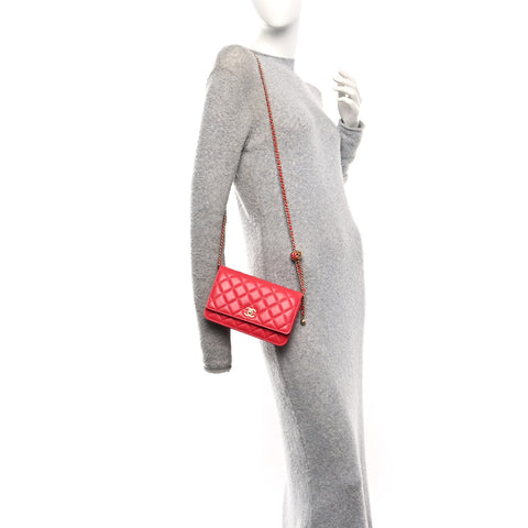 Lambskin Quilted CC Pearl Crush Wallet On Chain WOC Red