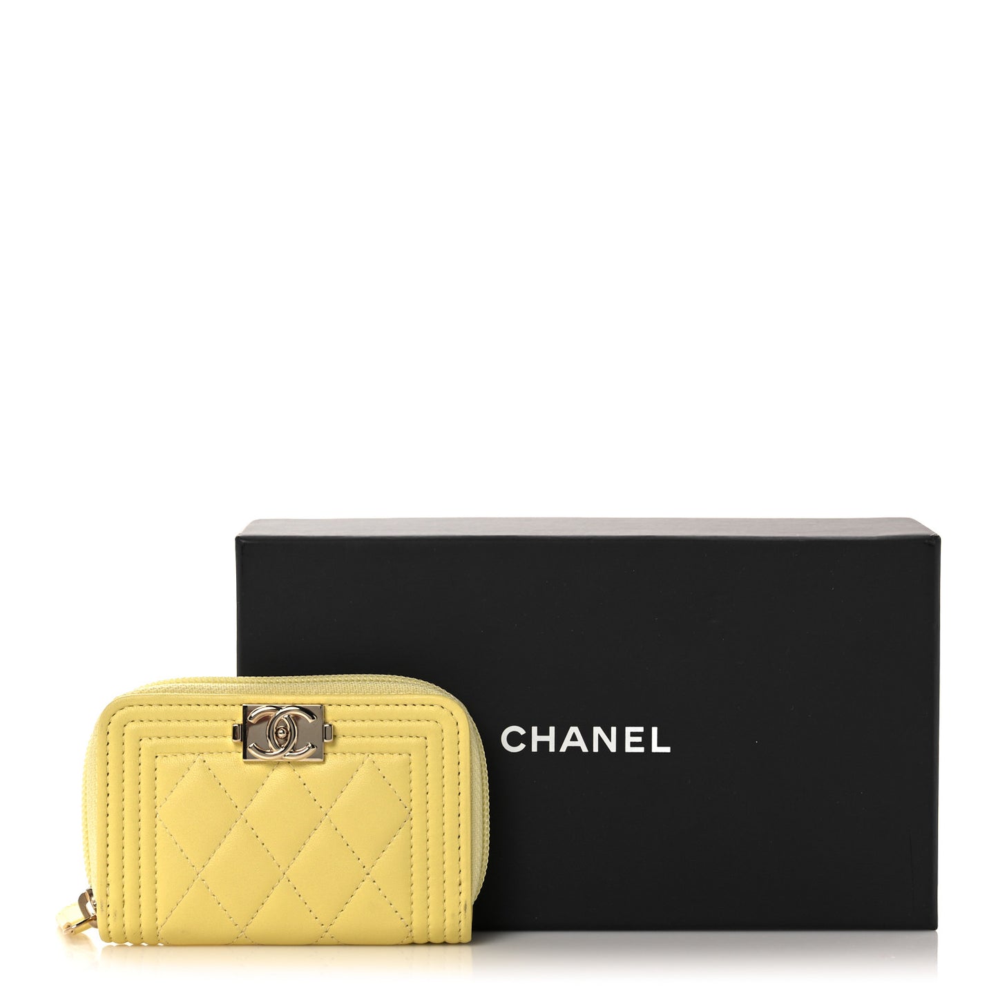 Lambskin Quilted Zip Around Boy Coin Purse Wallet Yellow