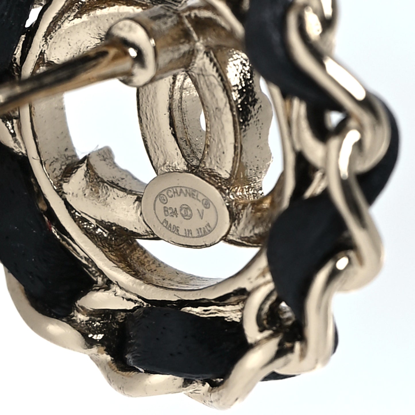 Crystal Lambskin Chain CC Stud Earrings Black Gold