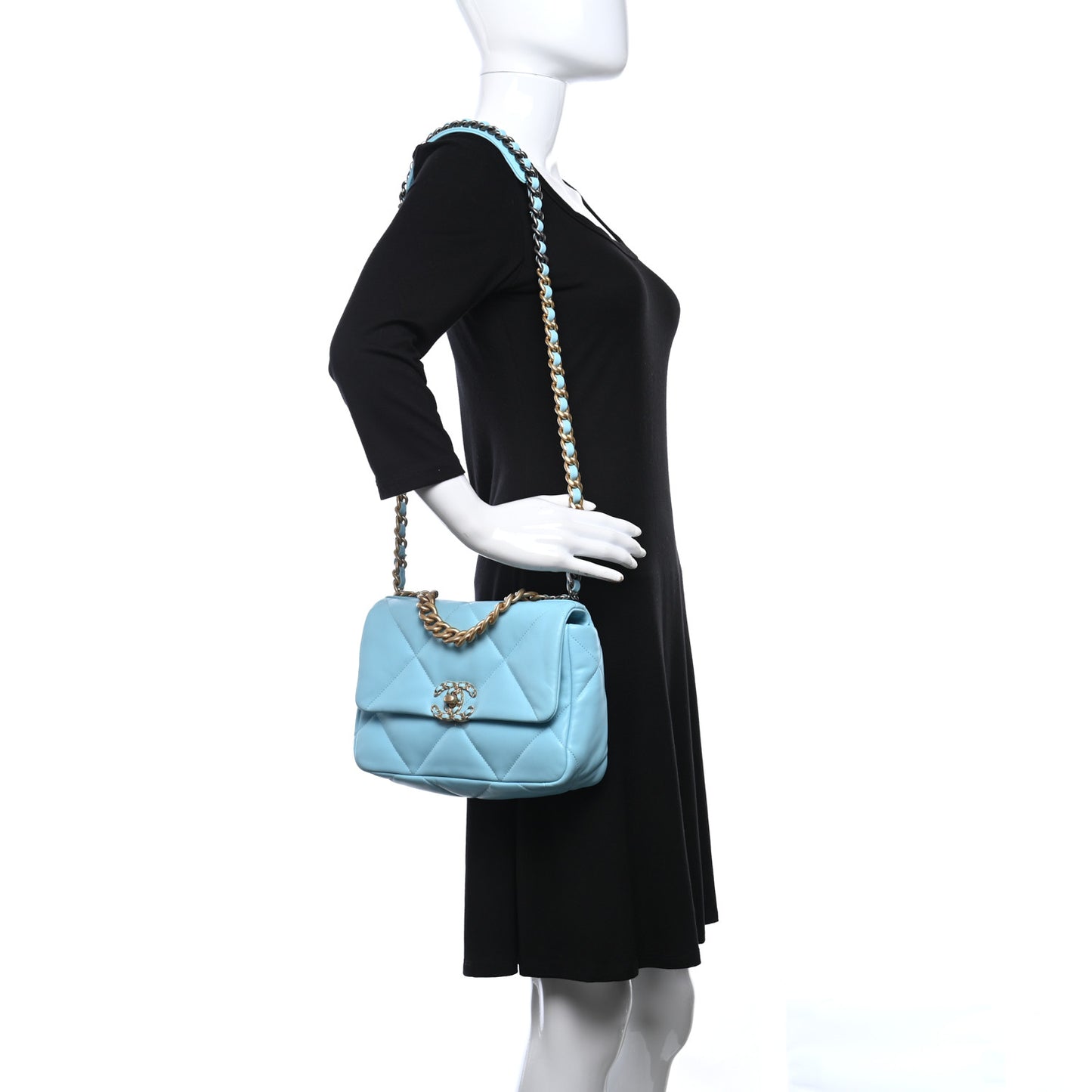 Shiny Lambskin Quilted Medium Chanel 19 Flap Light Blue