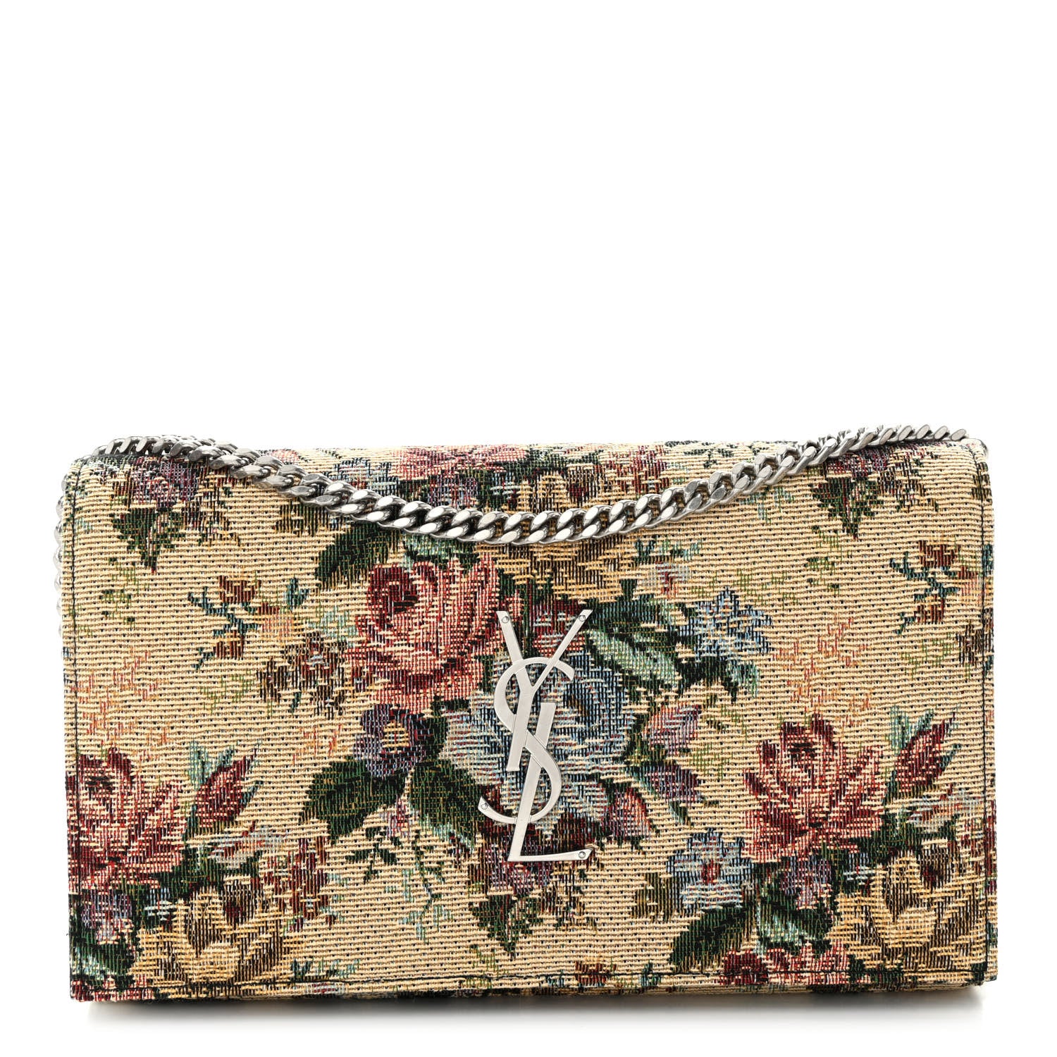 Saint Laurent Tapestry Bouquet Monogram Chain Wallet Beige Rogue