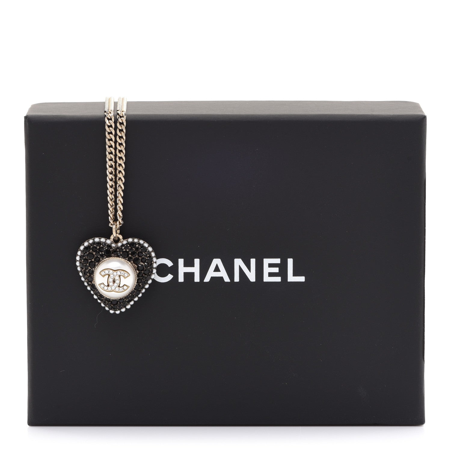 Chanel Pearl Crystal CC Heart Necklace Gold Pearly White Black 6 of 6