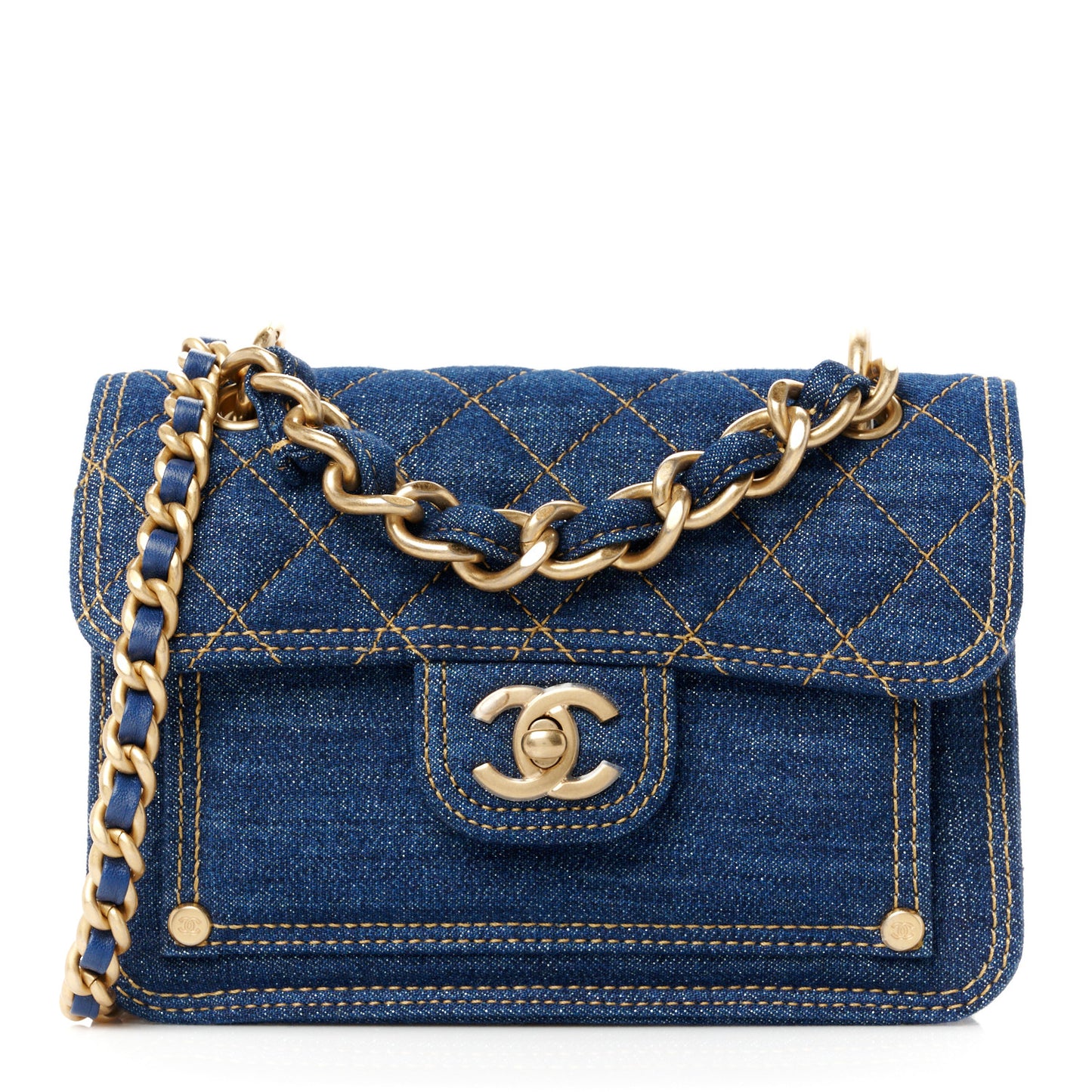 Denim Quilted Double You Mini Flap Blue Golden