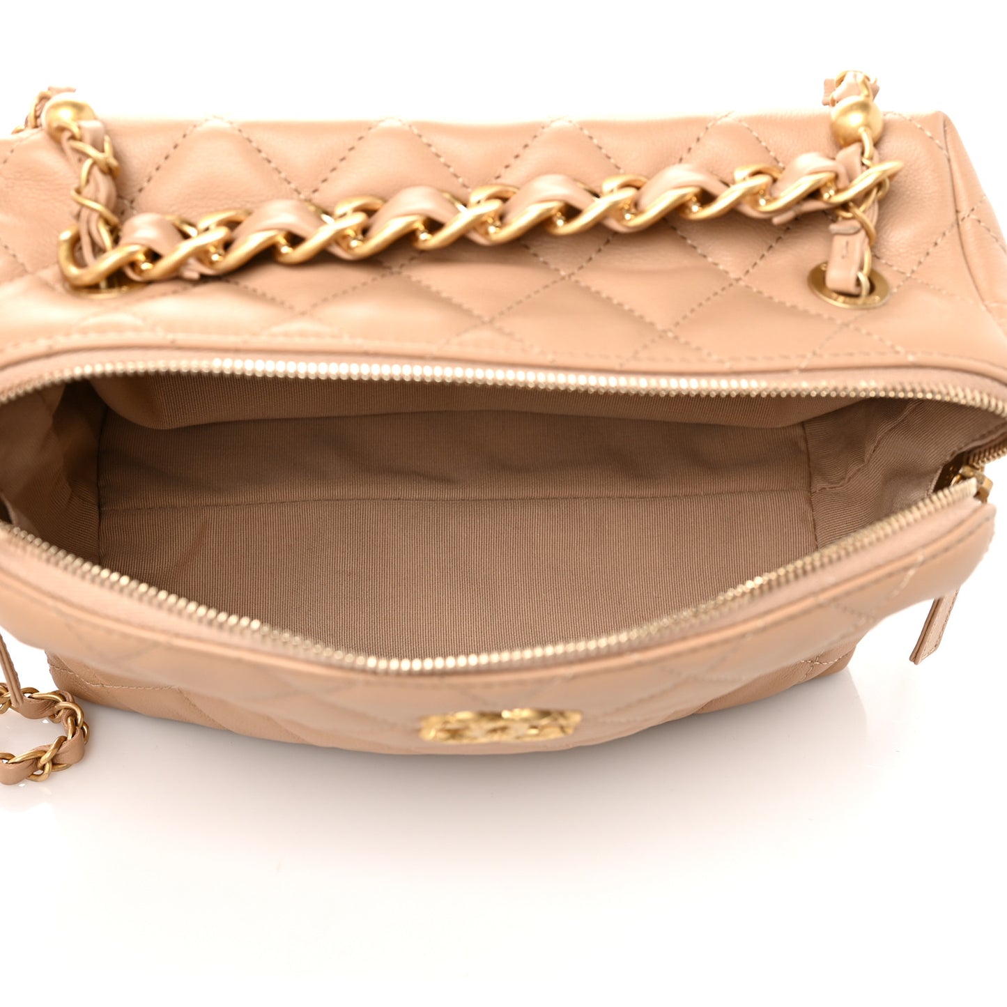 Calfskin Quilted Small Bowling Bag Beige