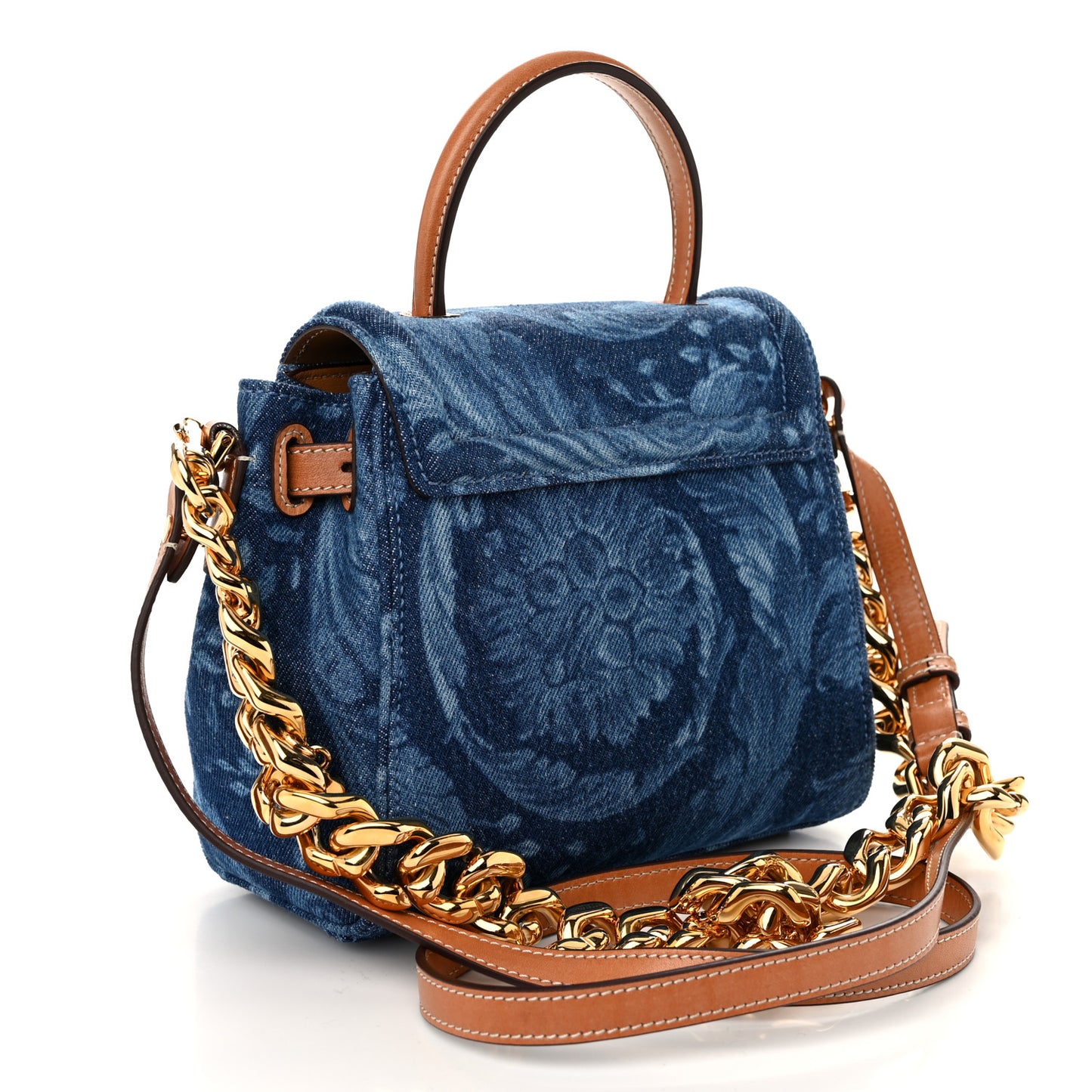 Denim Barocco Small La Medusa Chain Top Handle Handbag Blue Camel