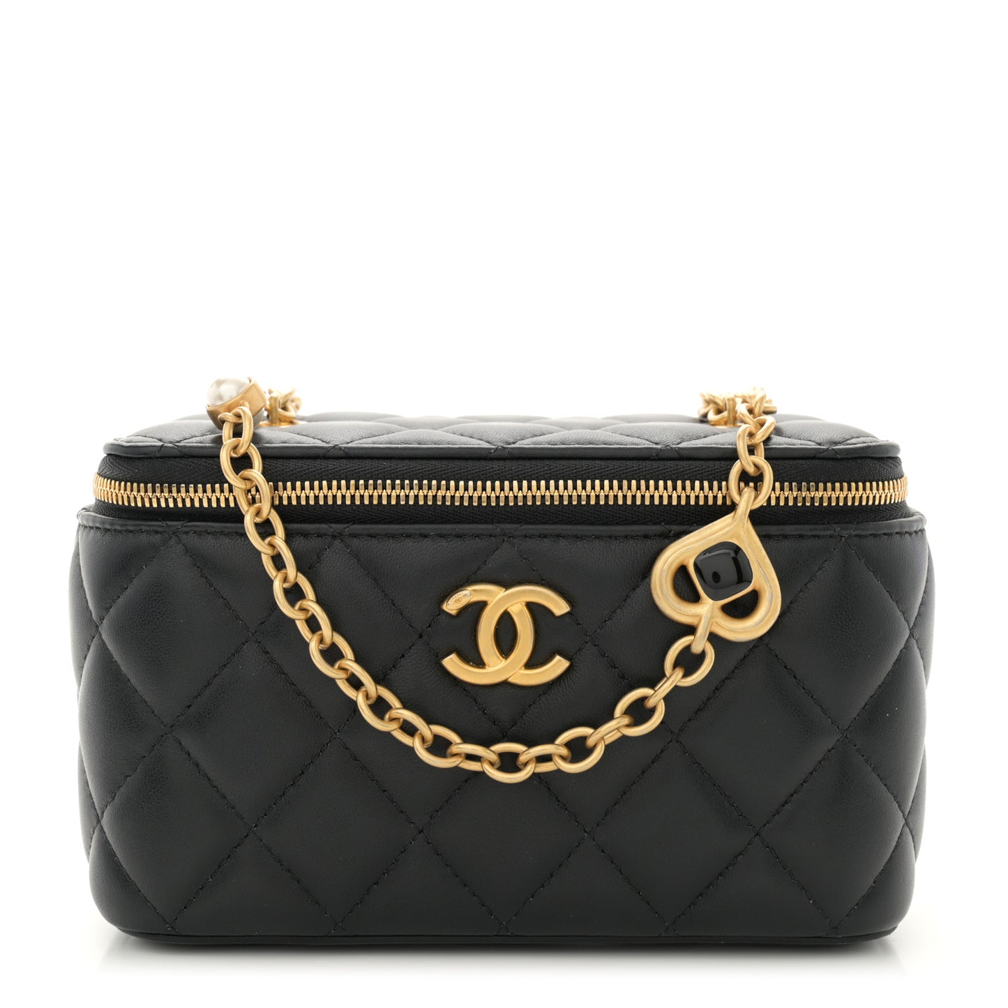 Lambskin Enamel Pearl Quilted Small Charm Me Vanity Case With Chain Black