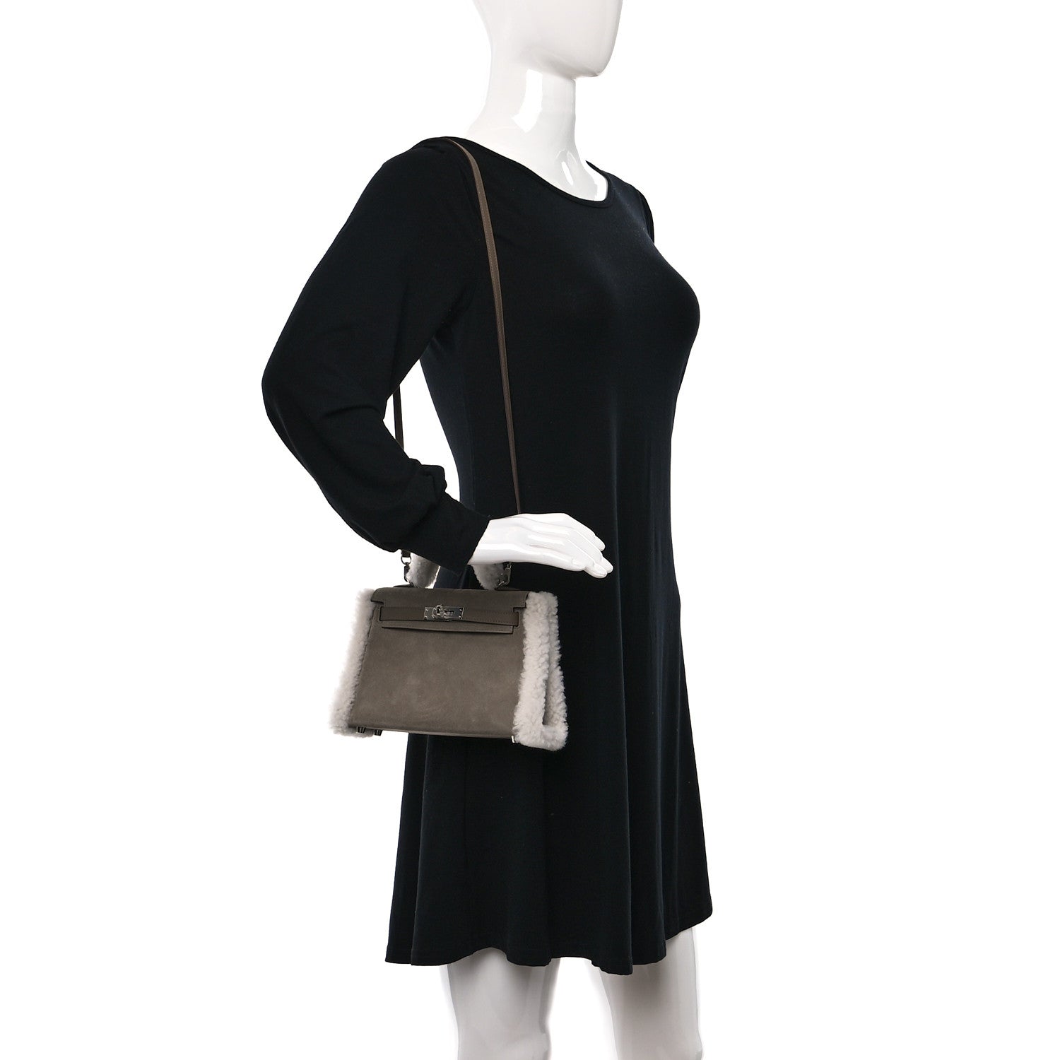 Hermes Veau Grizzly Mouton Shearling Swift Teddy Mini Kelly 20 Gris Caillou Ecru Etoupe 2 of 9