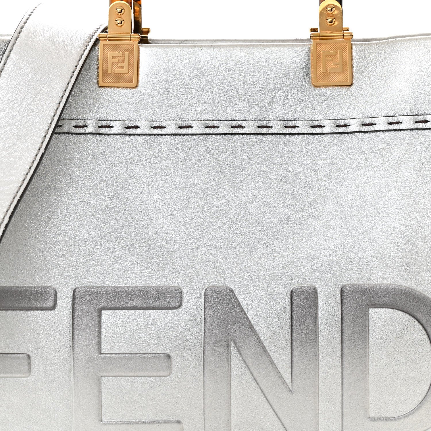 Fendi Vitello Catalan Mirror Plexiglass Logo Embossed Medium Fendi Sunshine Shopper Tote Argento 7 of 12