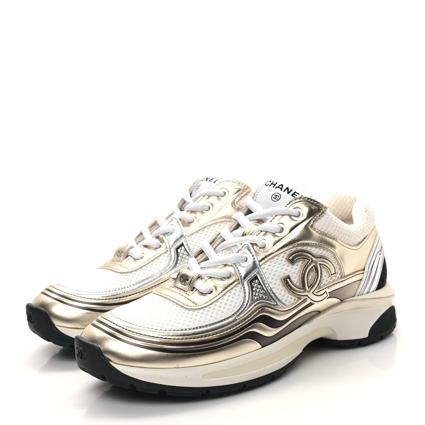 Fabric Laminated Calfskin Stretch CC Womens Sneakers 38.5 White Gold Silver