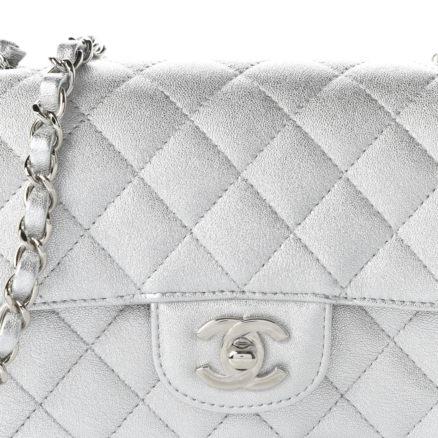 Metallic Lambskin Quilted Mini Rectangular Flap Silver