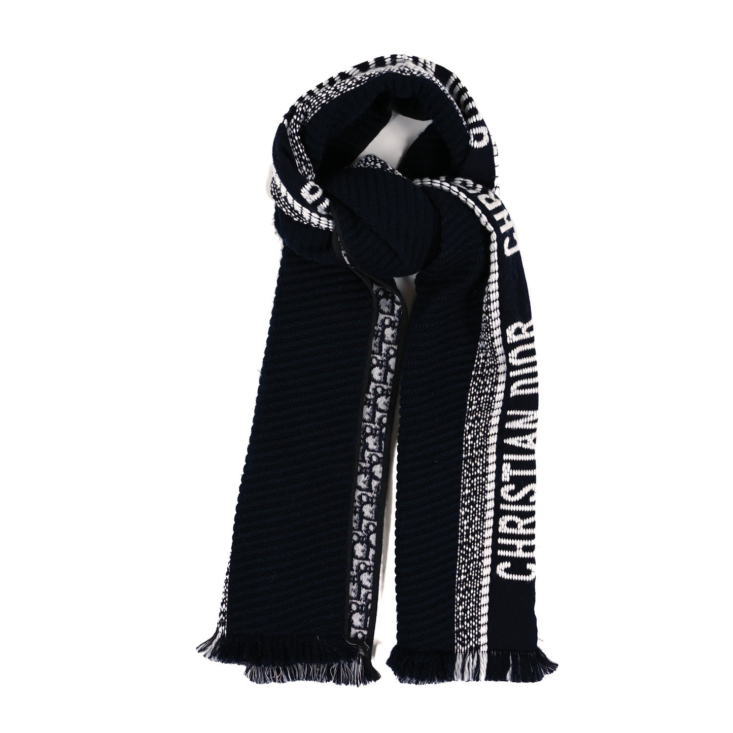 Wool Silk Oblique University Reversible Scarf Navy Blue