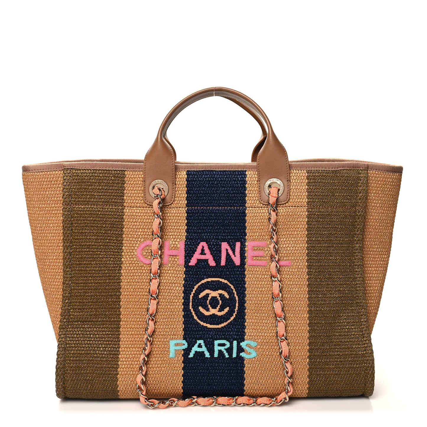 Straw Raffia Calfskin Striped Medium Deauville Tote Khaki Beige Navy Blue