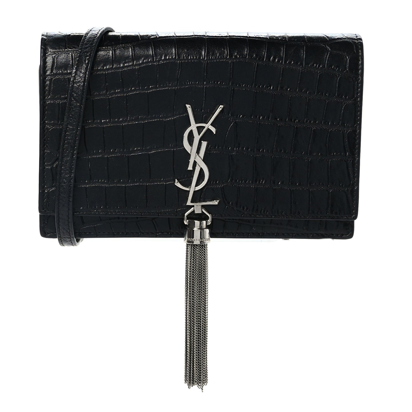 Calfskin Crocodile Embossed Kate Monogram Tassel Chain Wallet Black