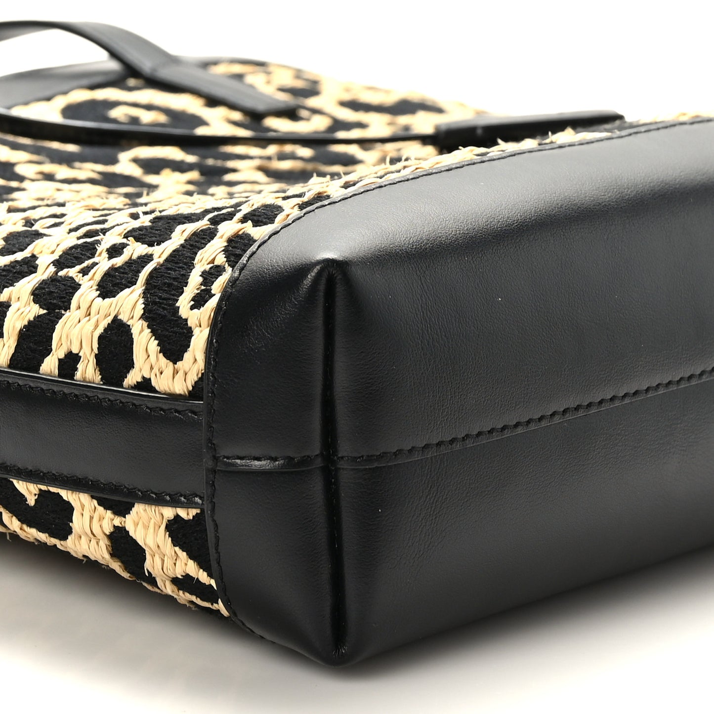 Raffia Calfskin Leopard Print Toy Shopping Tote Natural Black