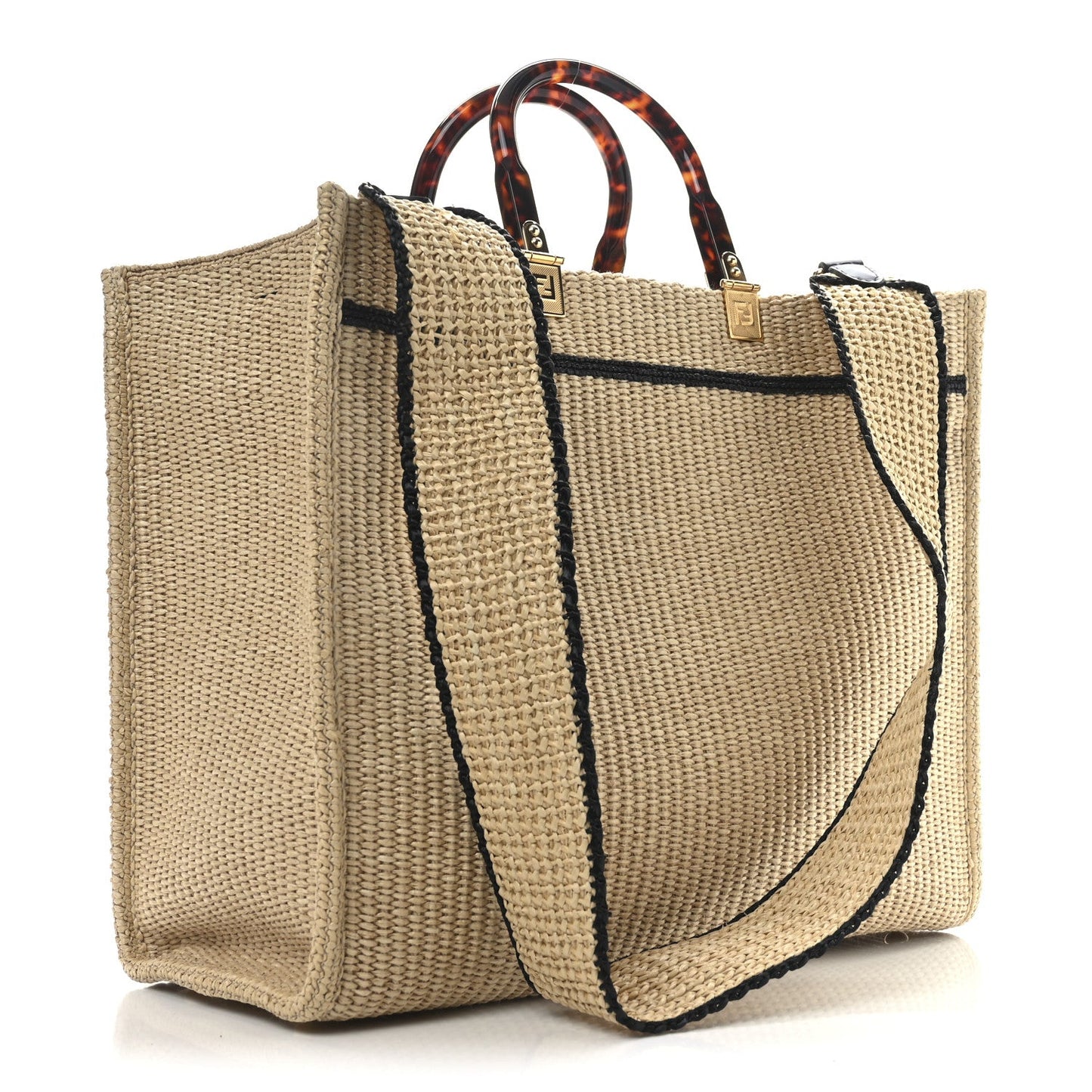 Straw Vitello King Plexiglass Woven Medium Fendi Sunshine Shopper Tote Natural Black