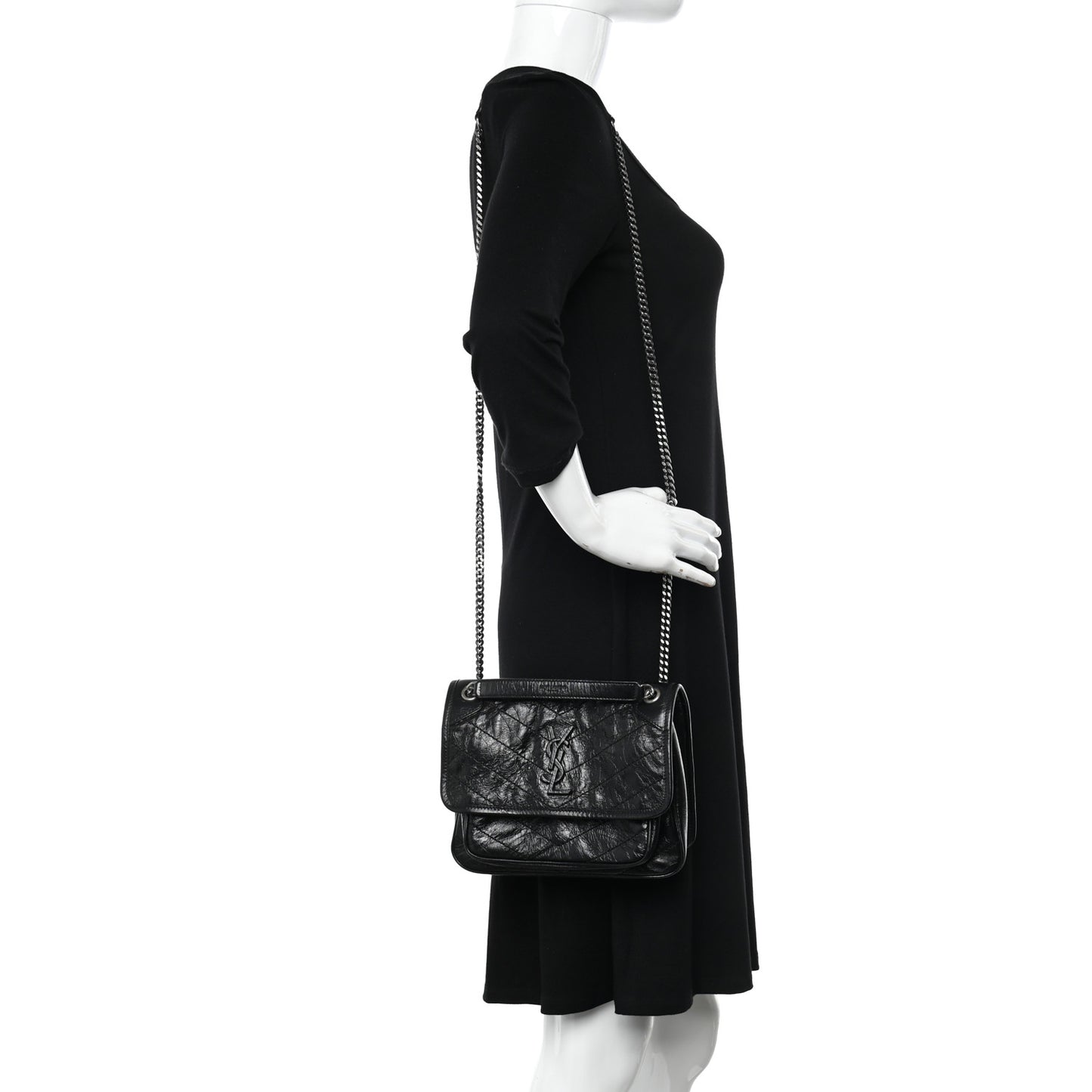 Crinkled Calfskin Matelasse Monogram Baby Niki Chain Satchel Black