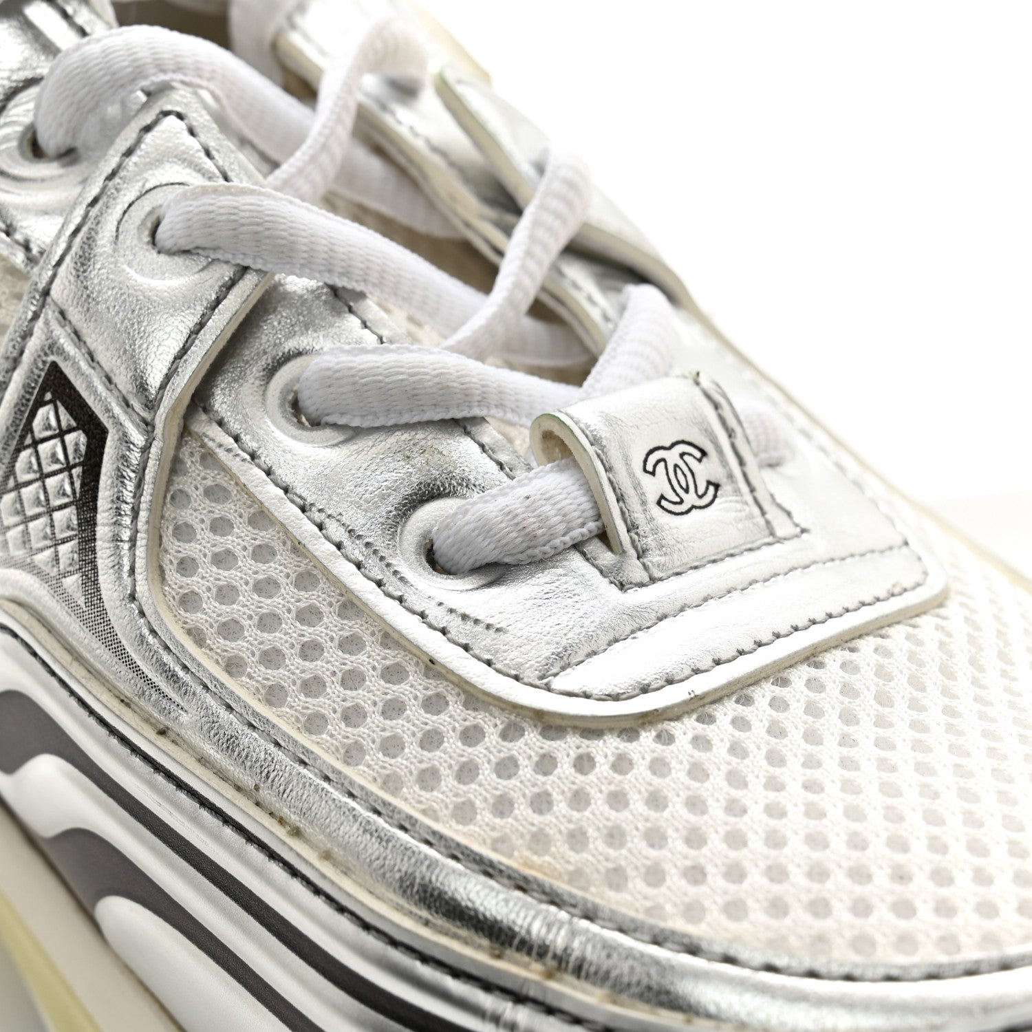 Chanel Fabric Laminated Calfskin Stretch CC Sneakers 40 White Silver 16 of 17