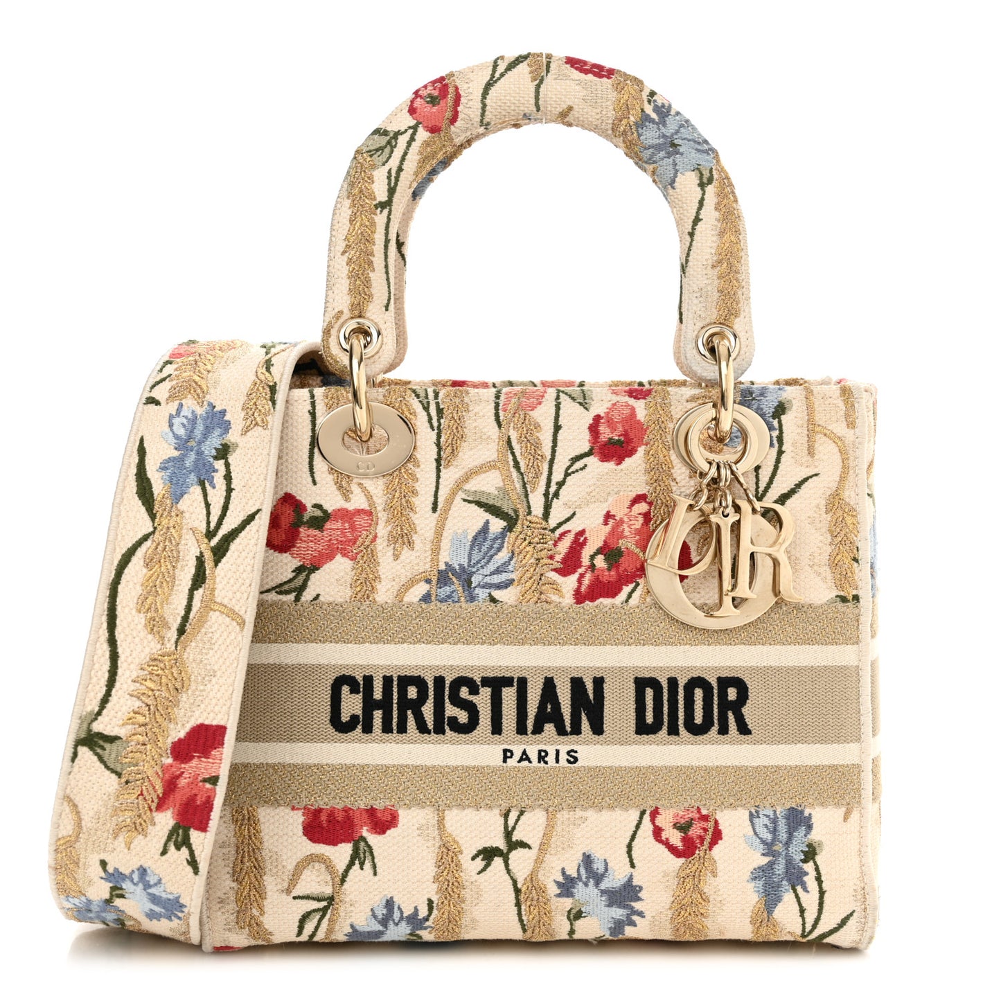 Canvas Embroidered Hibiscus Printed Medium Lady D-Lite Beige Multicolor