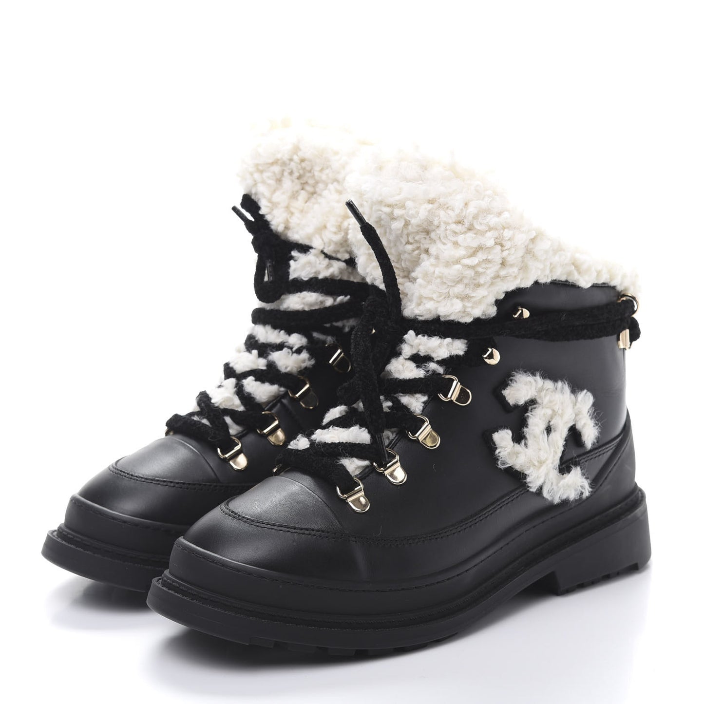 Calfskin Shearling CC Lace Up Boots 38 Black