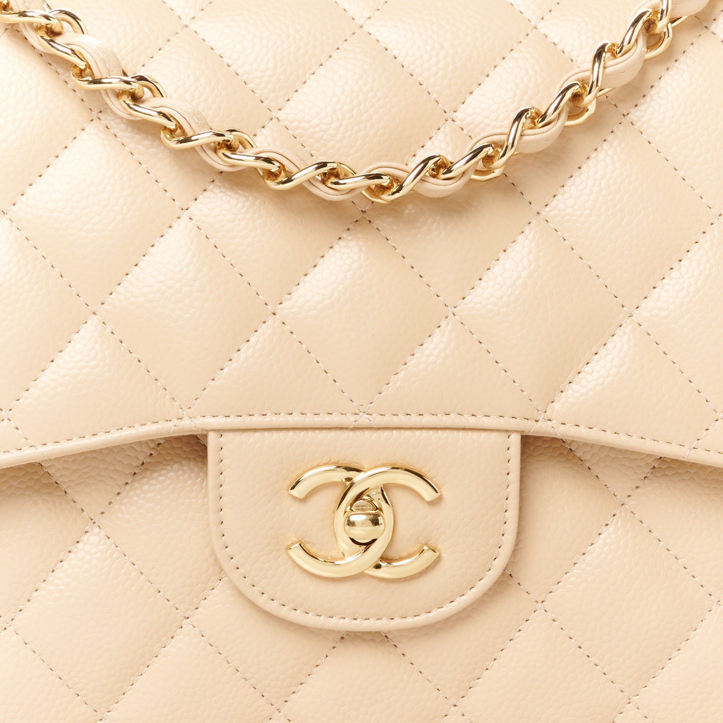 Caviar Quilted Jumbo Double Flap Beige