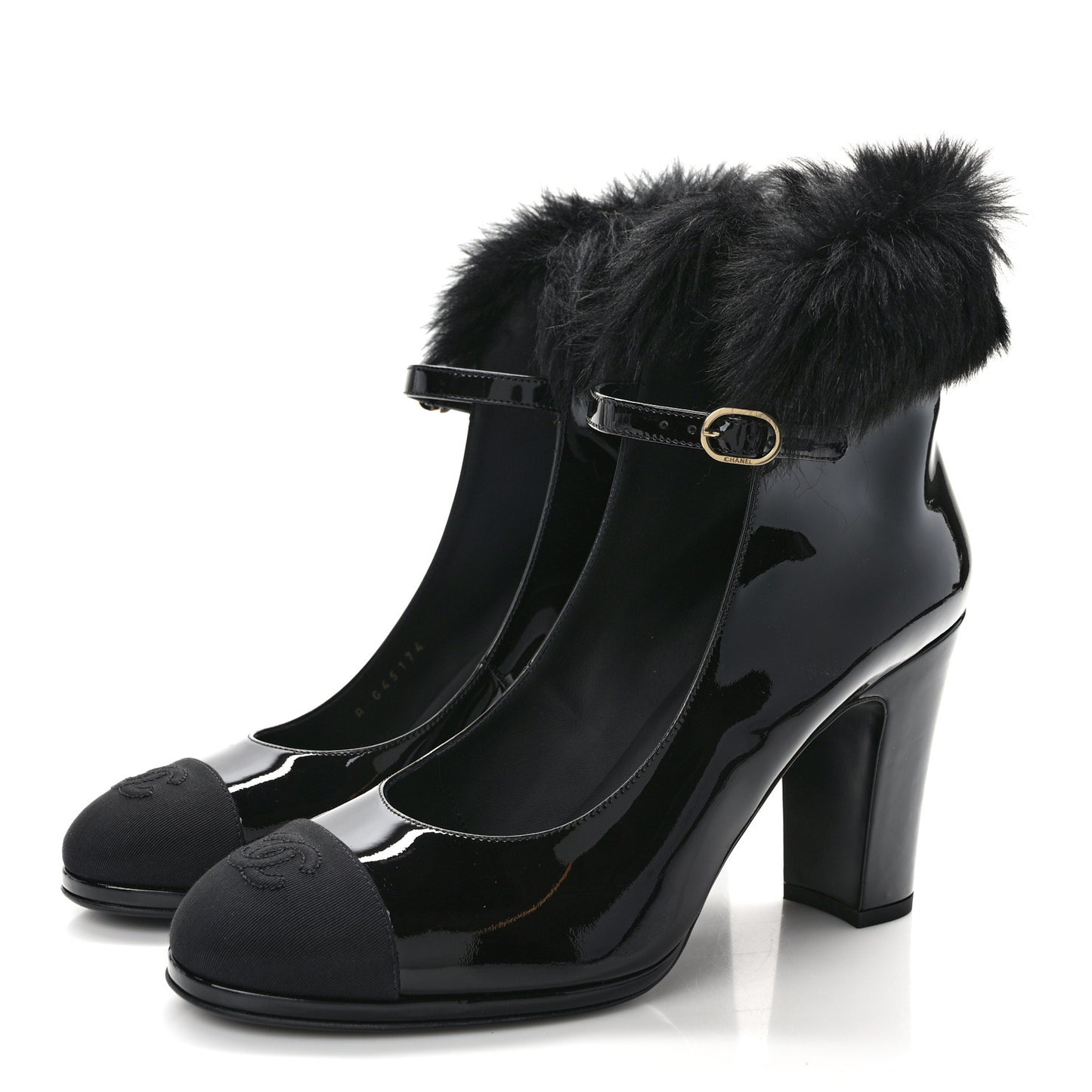 Patent Shearling Lambskin Cap Toe Mary Jane Pumps 41 Black