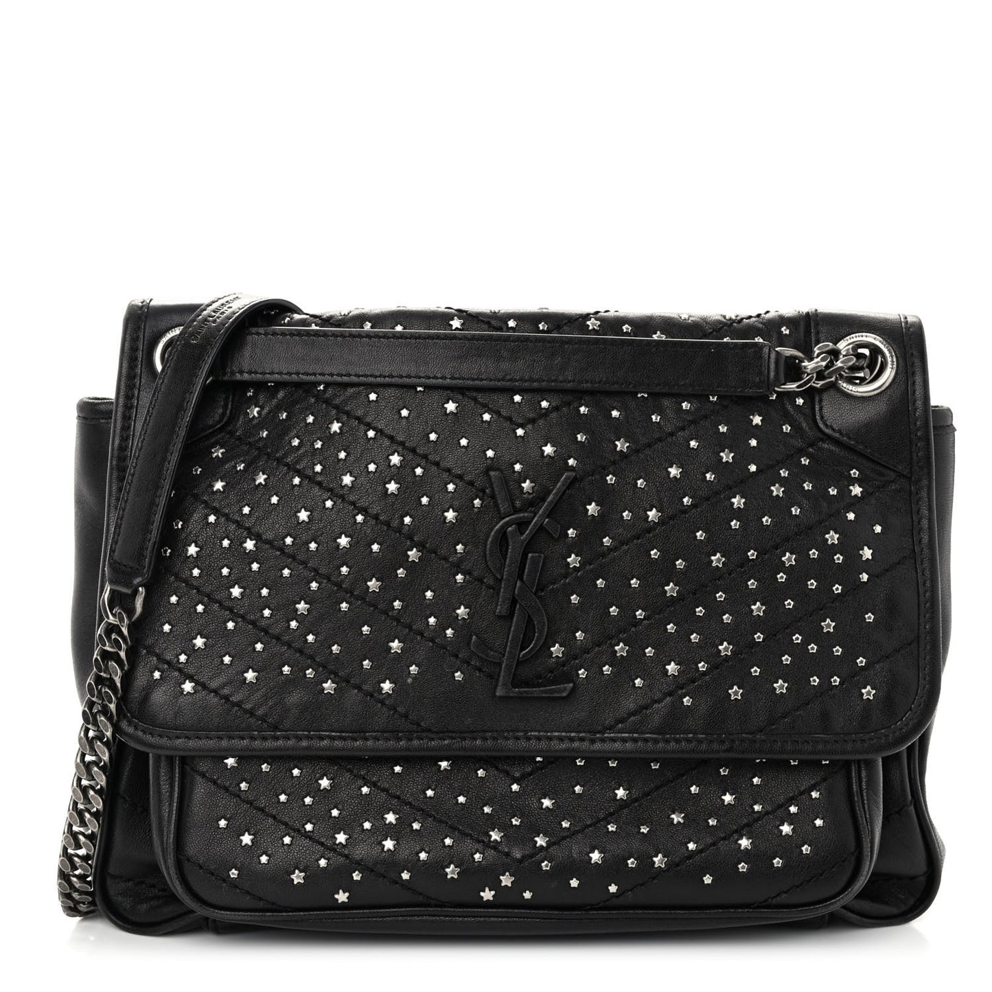 Calfskin Matelasse Monogram Studded Stardust Medium Niki Chain Satchel Black