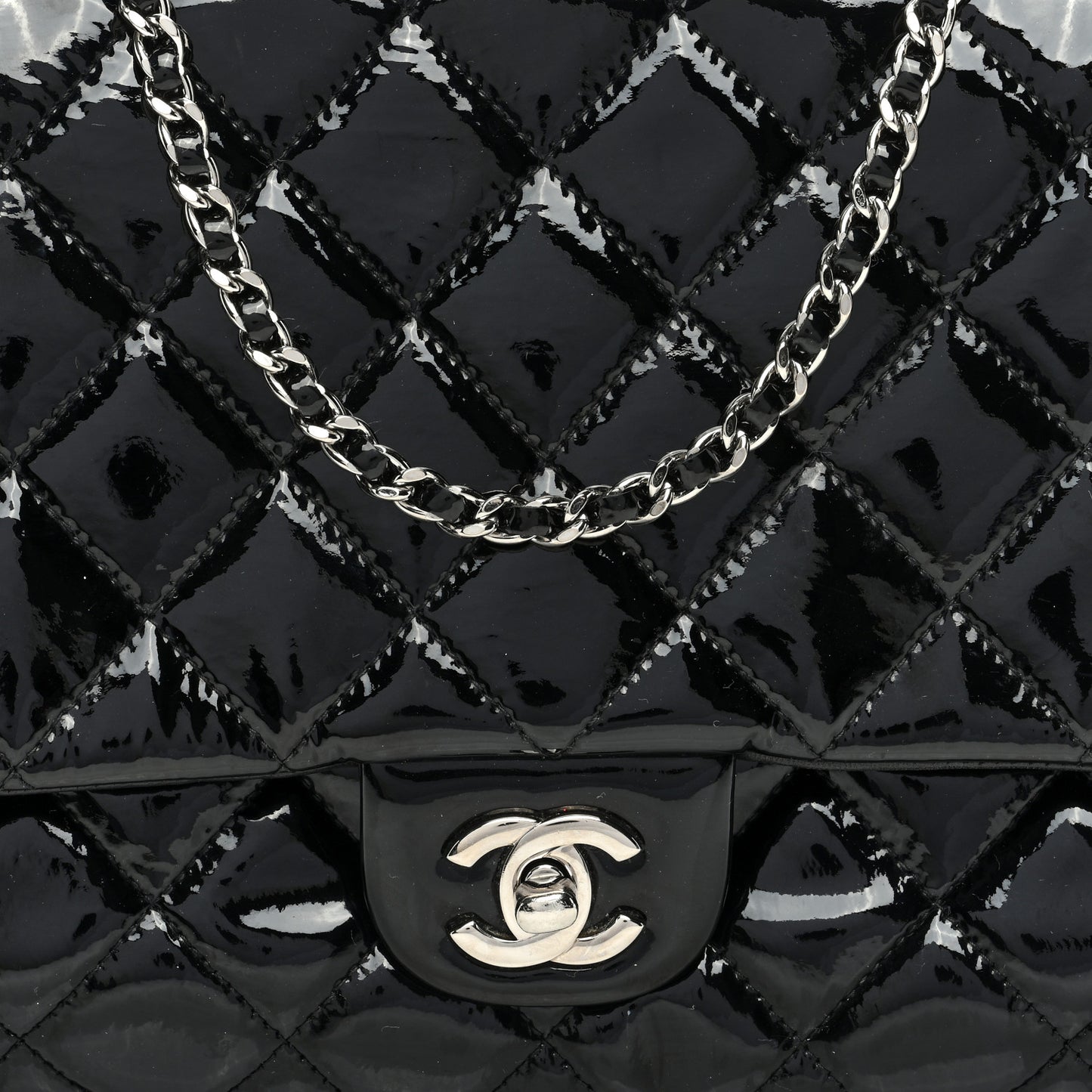 Patent Quilted Clutch with Chain Flap Black