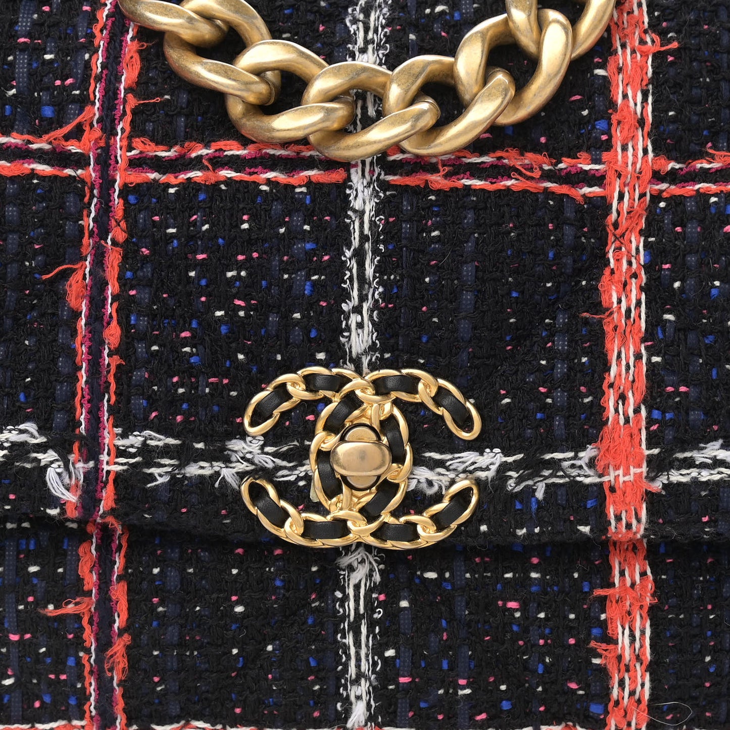 Tweed Quilted Large Chanel 19 Flap Black Orange Blue