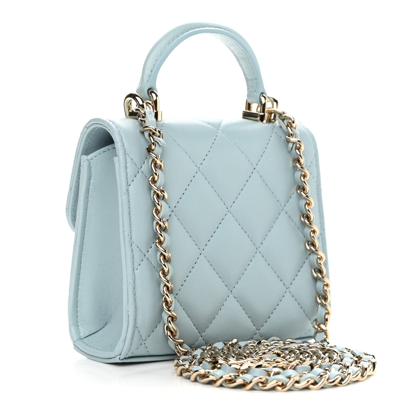 Lambskin Quilted Top Handle Flap Clutch With Chain Light Blue