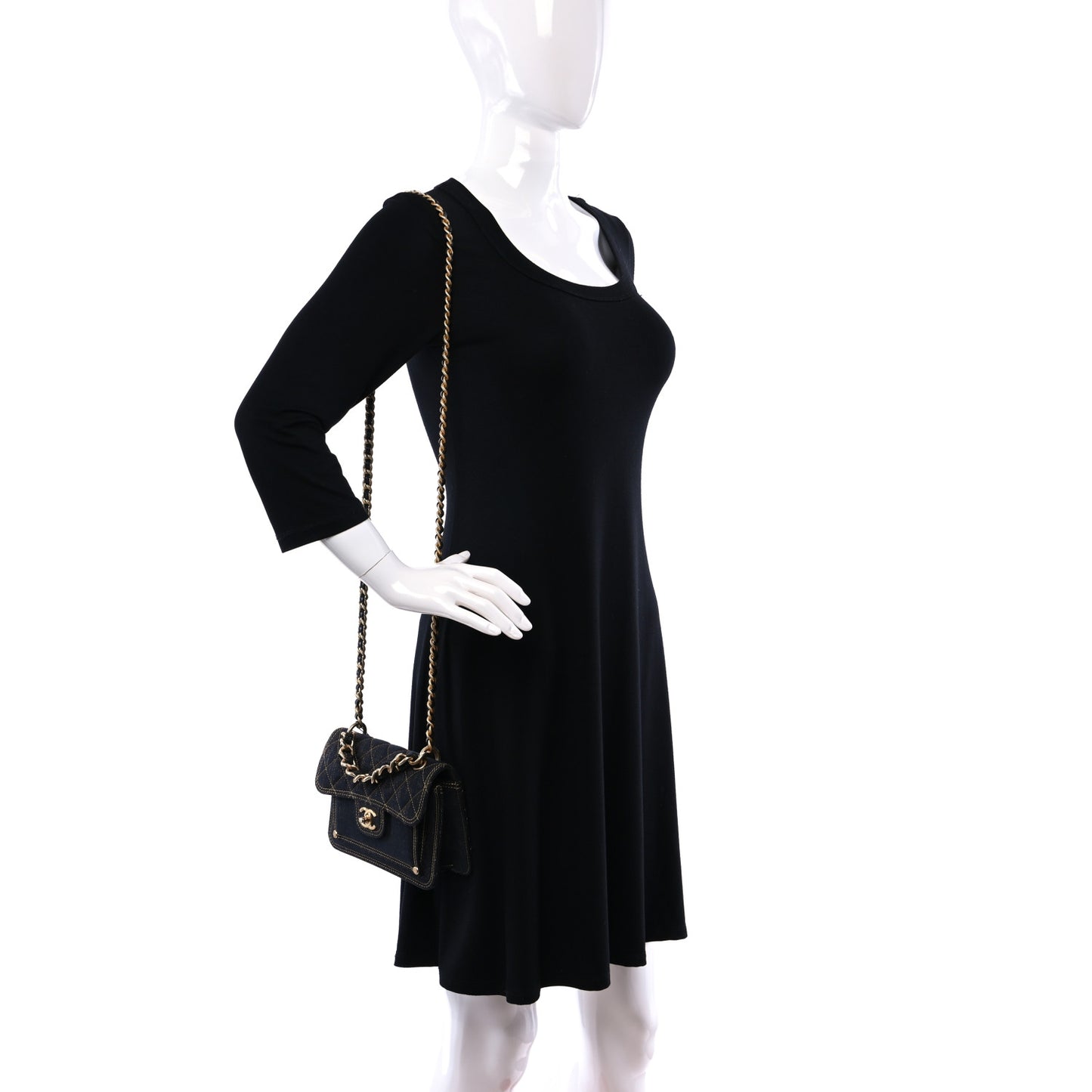 Denim Quilted Double You Mini Flap Black Golden