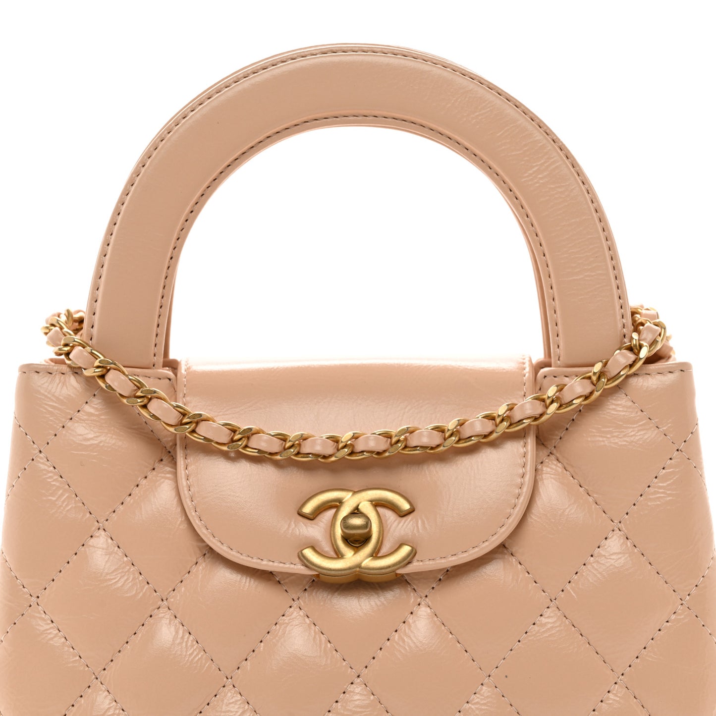 Shiny Aged Calfskin Quilted Nano Kelly Shopper Beige