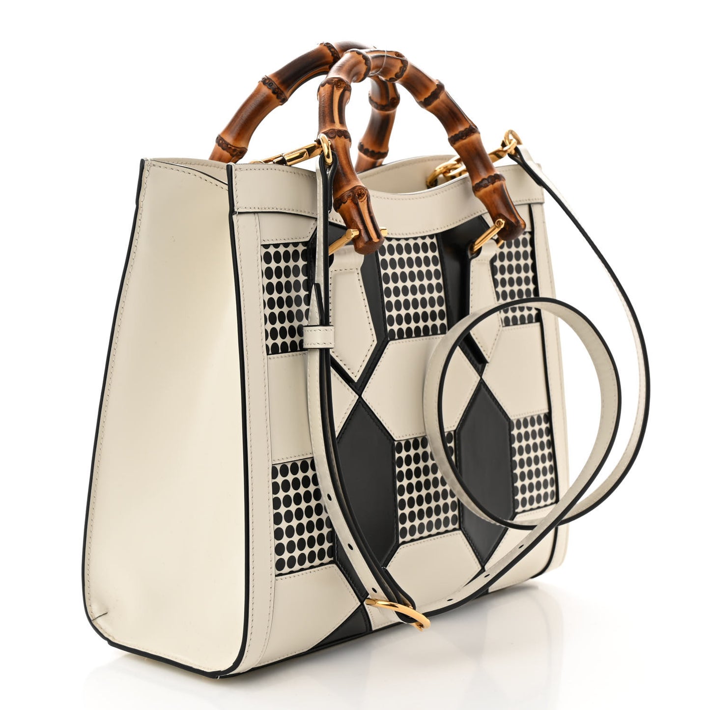 Calfskin Geometric Inlay Small Diana Tote Bag White Black