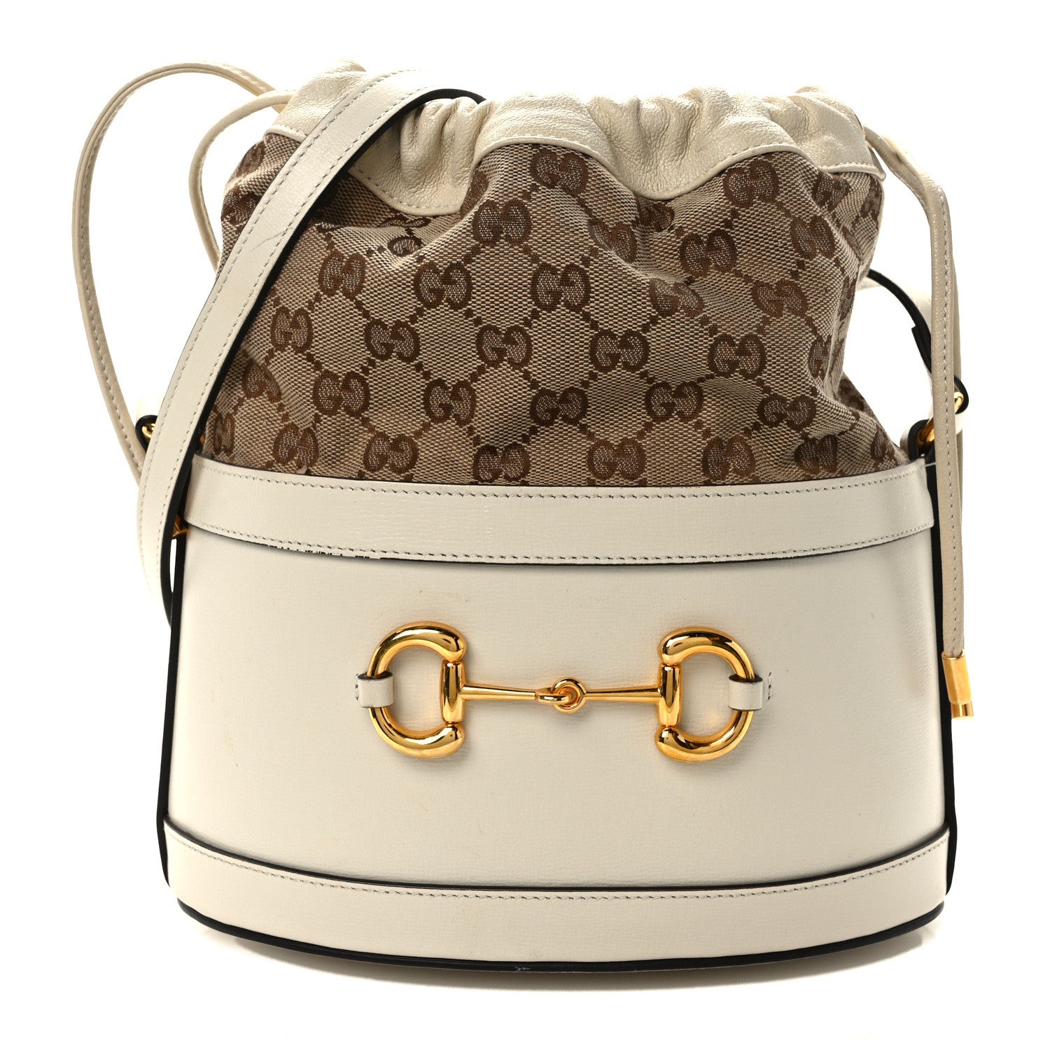 Gucci Monogram Textured Calfskin Horsebit 1955 Drawstring Bucket Bag Beige Mystic White 1 of 13