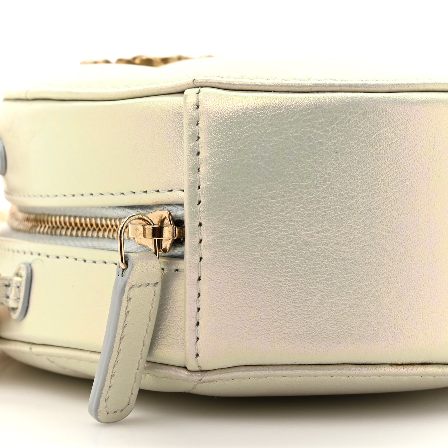 Iridescent Calfskin Quilted Chanel 19 Round Clutch With Chain White