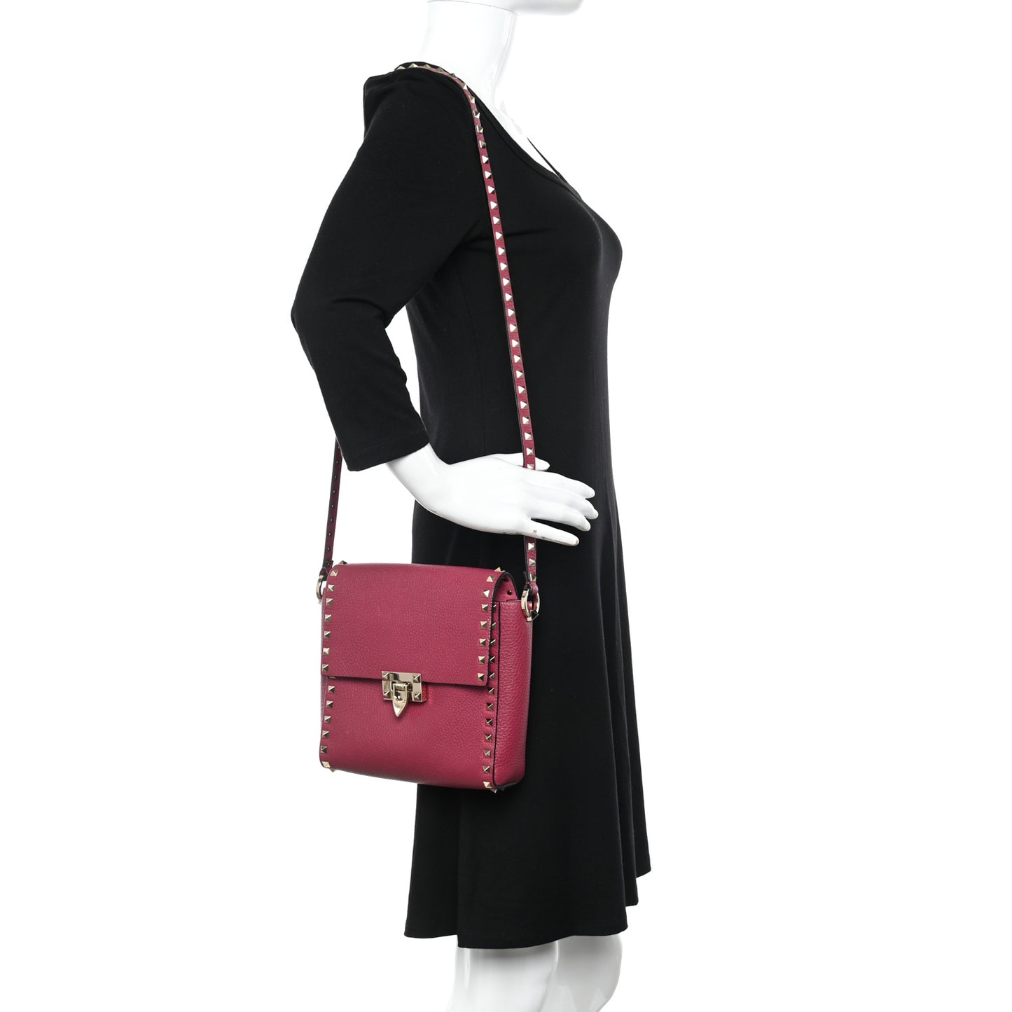 Pebbled Calfskin Rockstud Flip Lock Flap Messenger Raspberry
