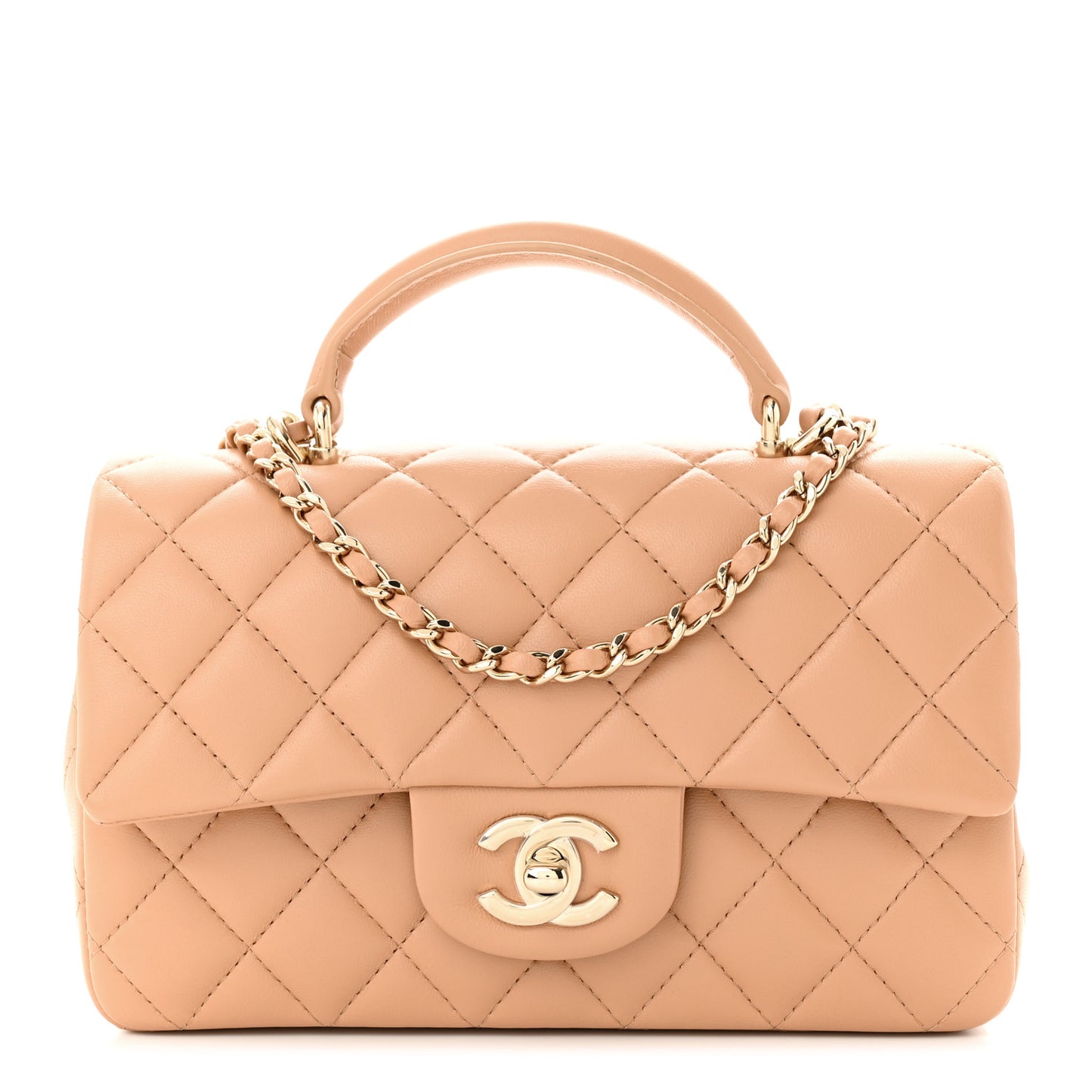 Lambskin Quilted Mini Top Handle Rectangular Flap Beige