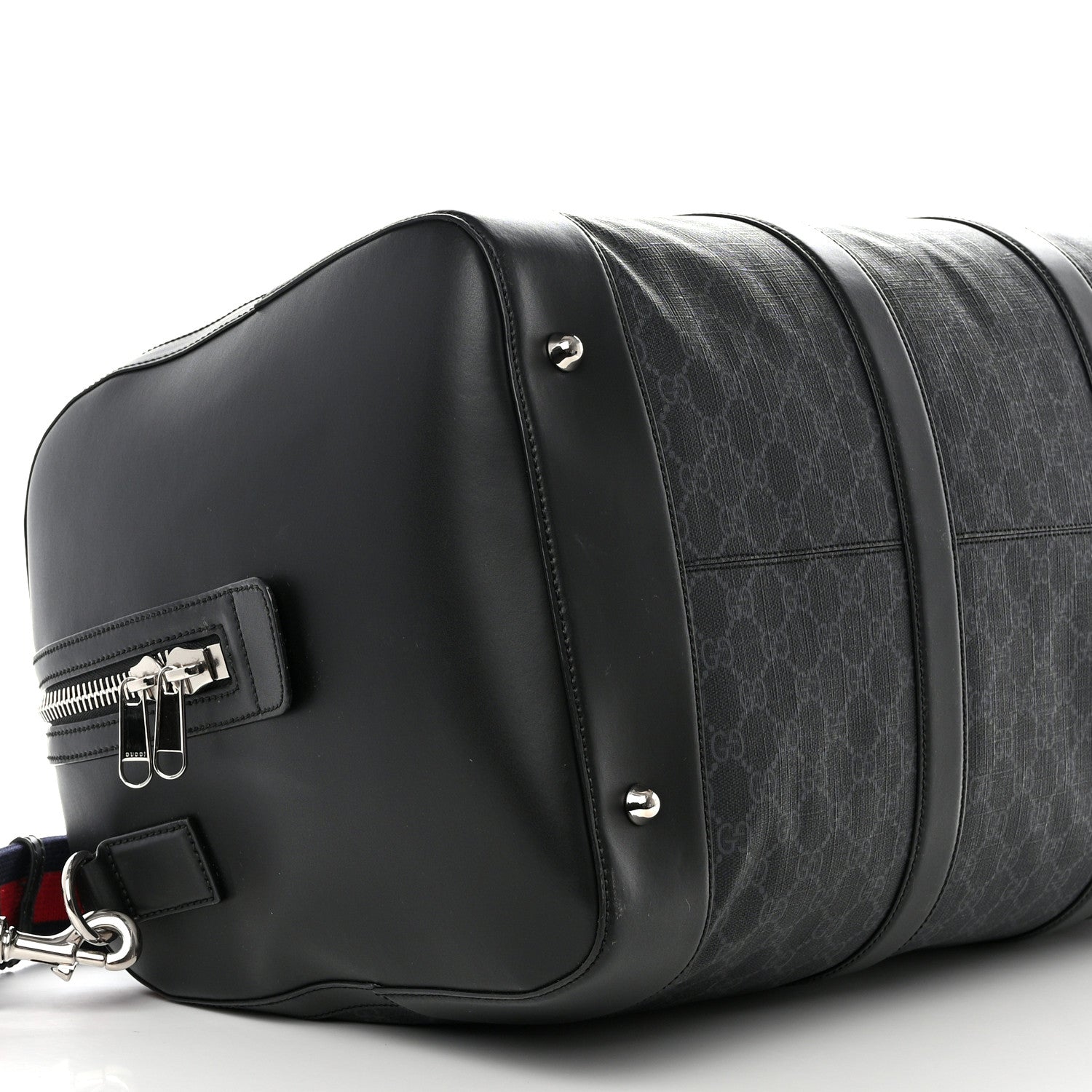 Gucci Soft GG Supreme Monogram Appia Calfskin Web Large Carry On Duffle Bag Black Grey 8 of 9