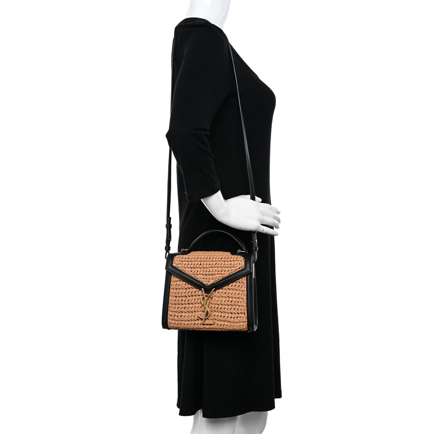 Raffia Calfskin Mini Classic Monogram Cassandra Top Handle Black Natural