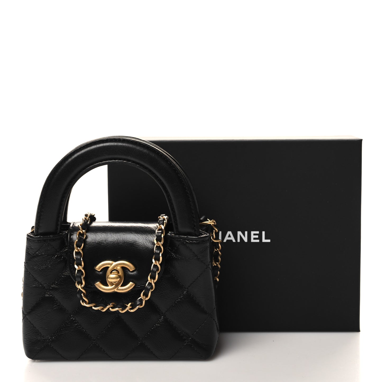 Shiny Aged Calfskin Quilted Mini Nano Kelly Shopper Black