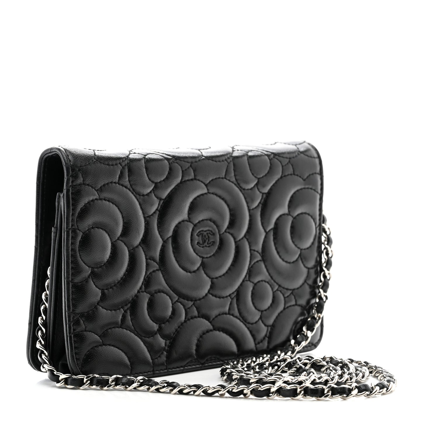 Lambskin Camellia Quilted Wallet On Chain WOC Black