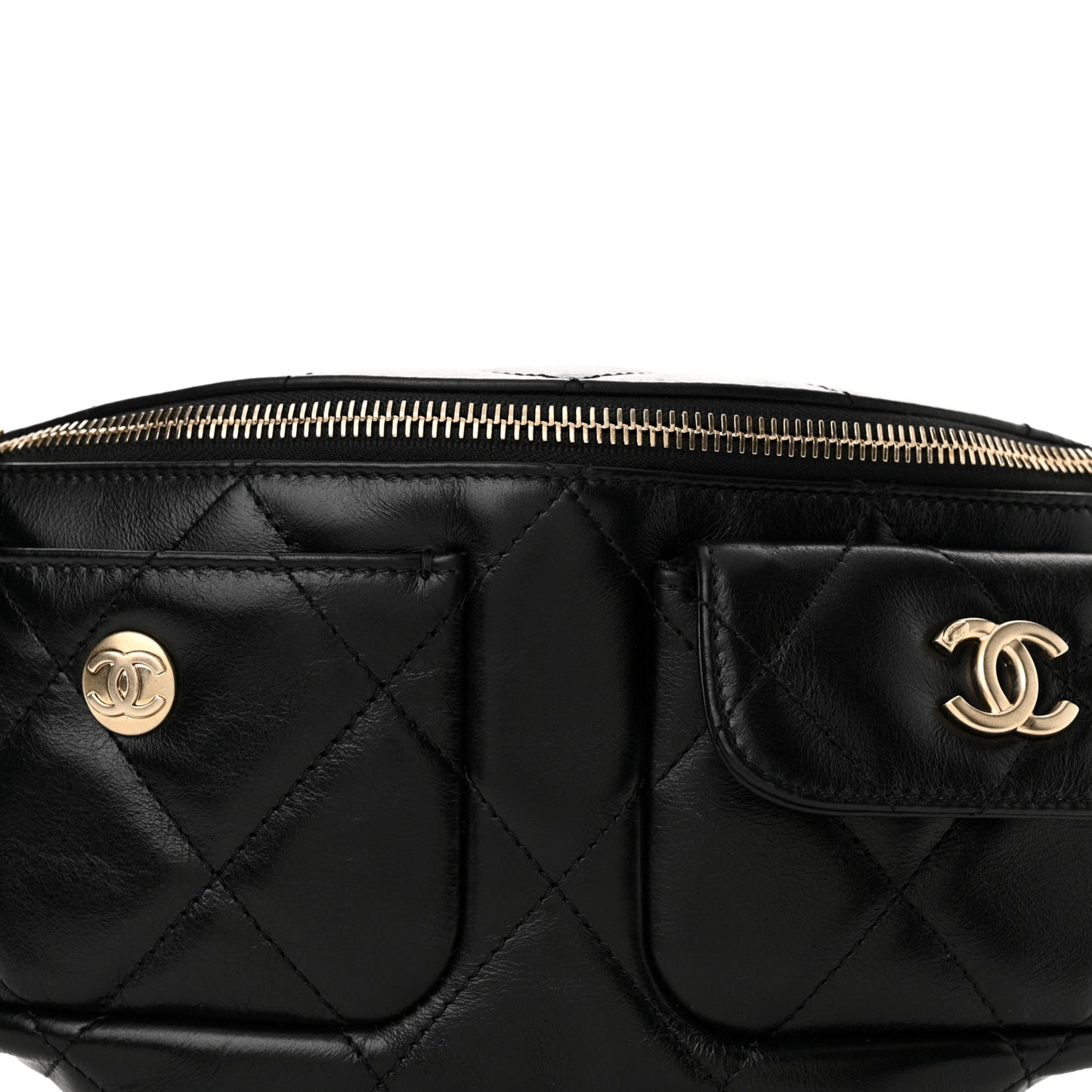 Shiny Aged Calfskin Quilted CC Pockets Jacket Waist Belt Bag Black