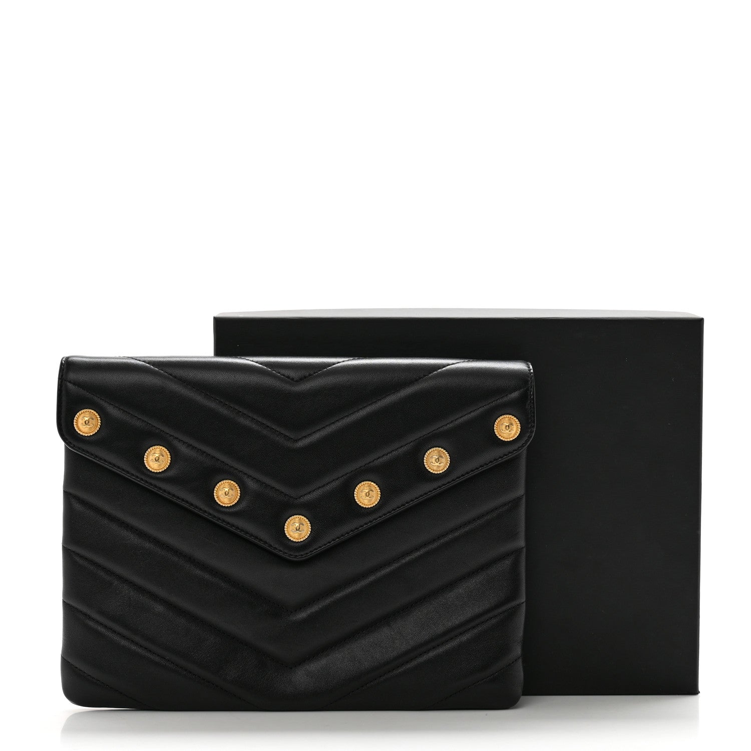 Chanel Lambskin Chevron CC Button Clutch Black 11 of 11