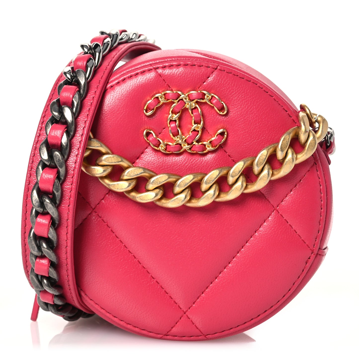 Goatskin Quilted Chanel 19 Round Clutch With Chain Dark Pink